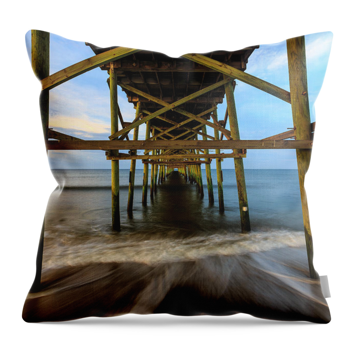 Oak Island Throw Pillow featuring the photograph Under Oak Island Pier by Nick Noble
