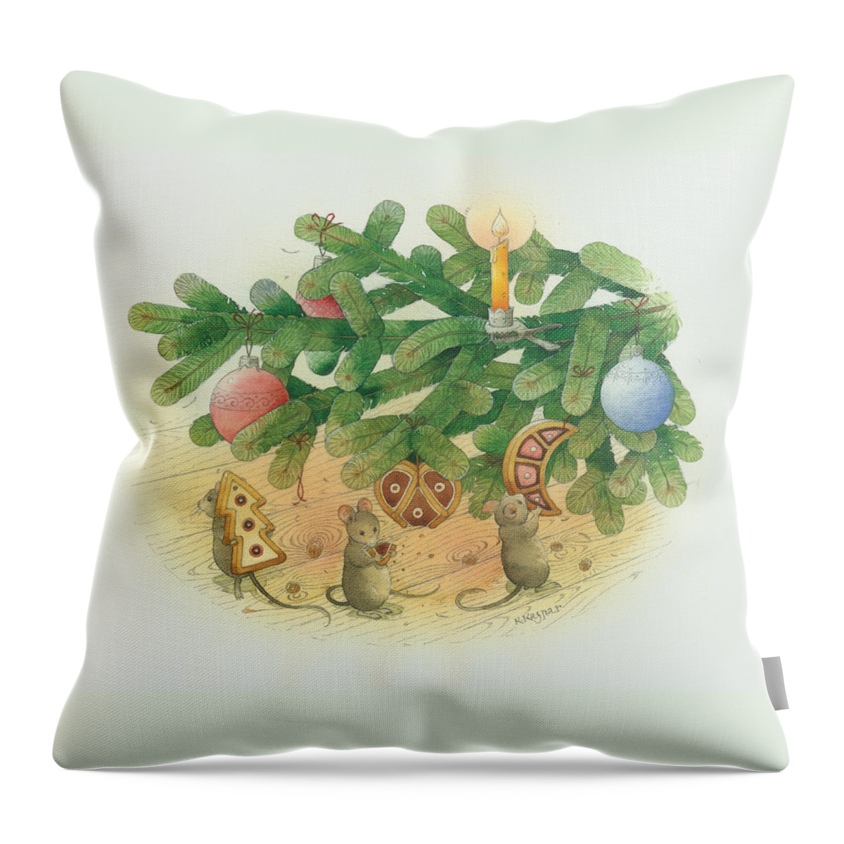 Christmas Greeting Cards Tree Green Mouse Throw Pillow featuring the painting Under the Christmas Tree by Kestutis Kasparavicius