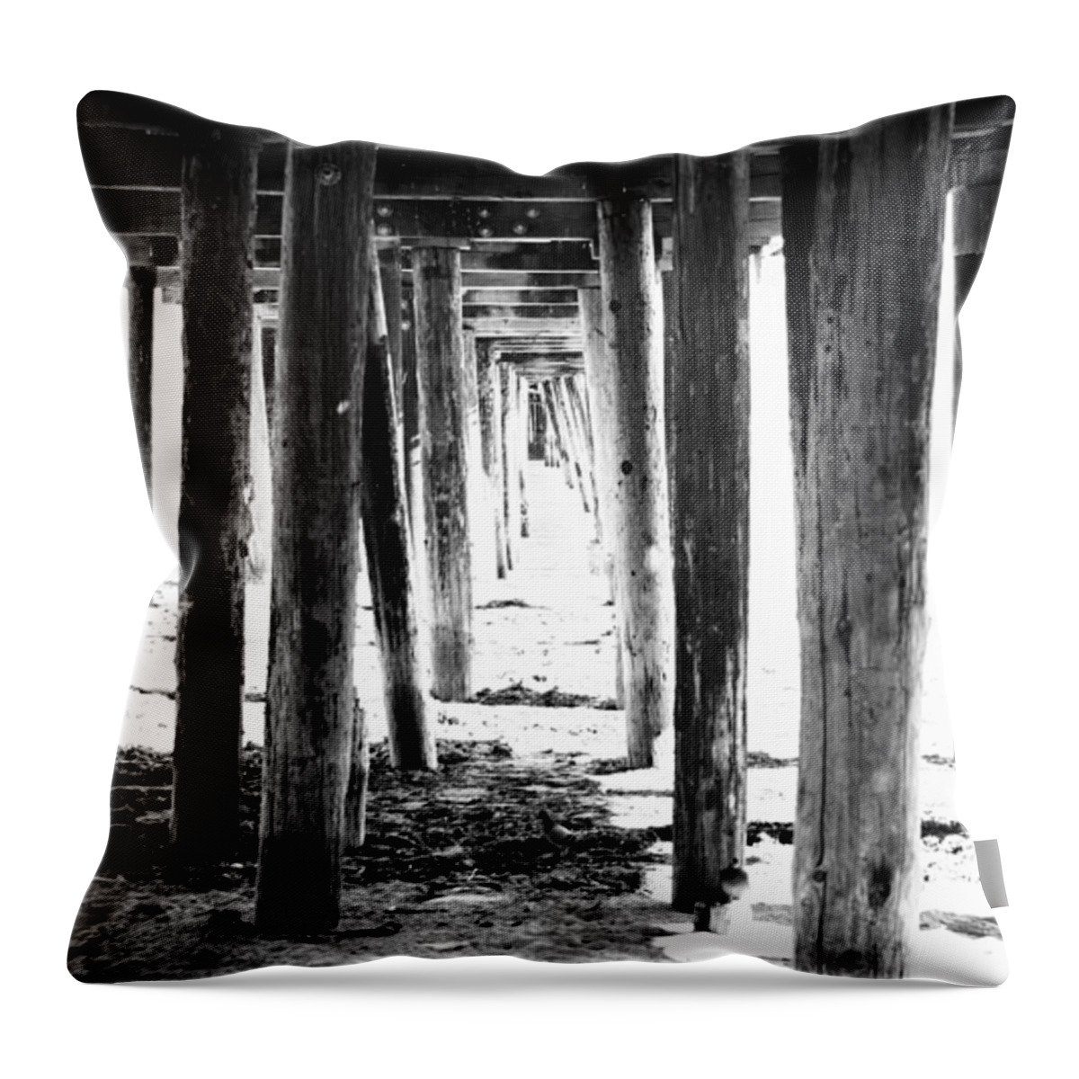 Pier Throw Pillow featuring the mixed media Under The Pier by Linda Woods