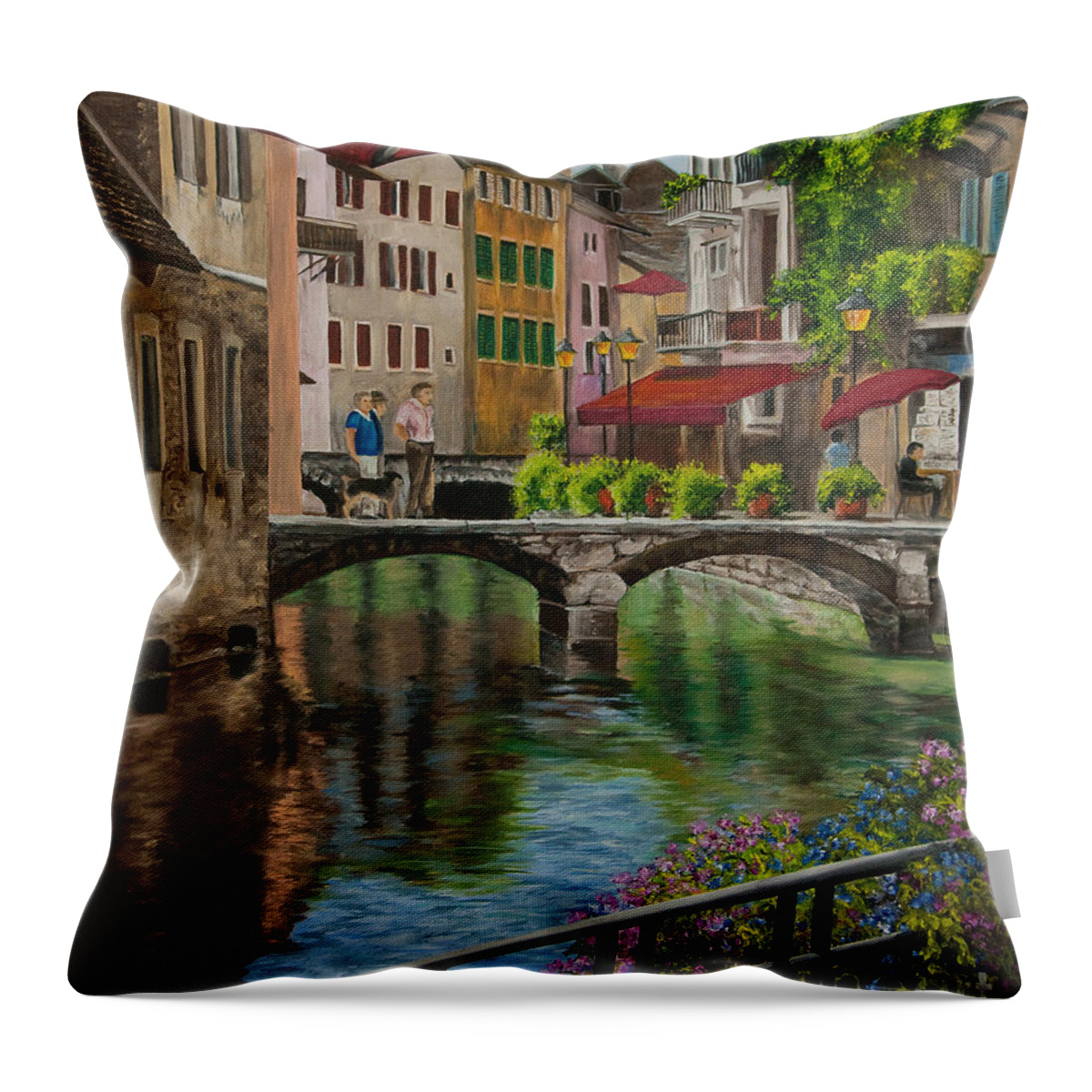 Annecy France Art Throw Pillow featuring the painting Under the Umbrella in Annecy by Charlotte Blanchard
