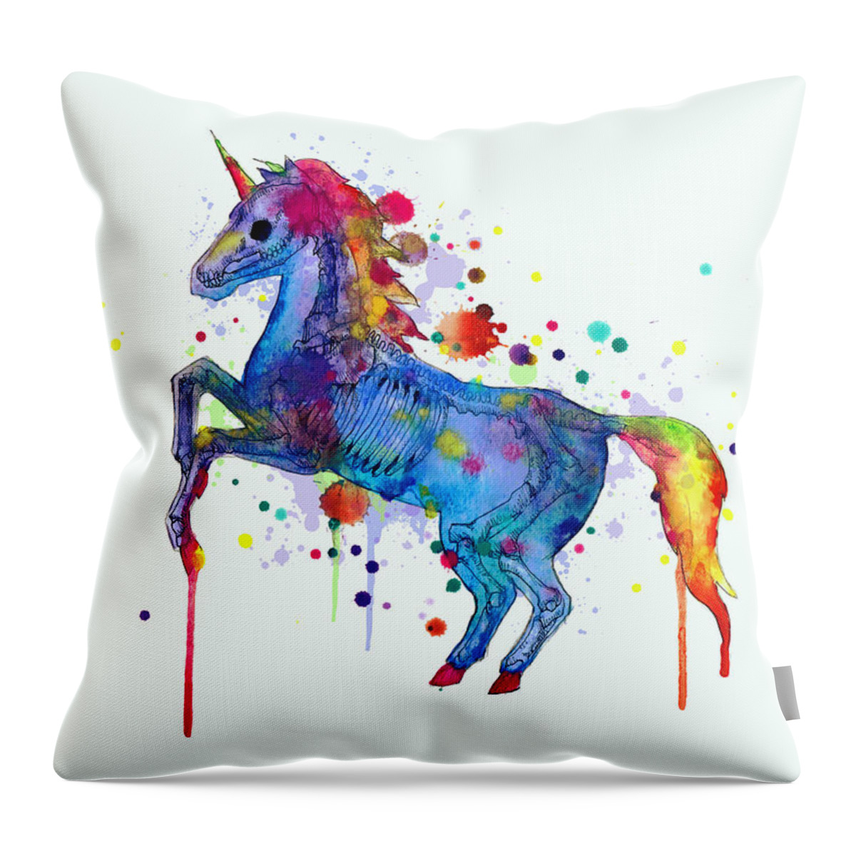 Unicorn Throw Pillow featuring the drawing Unicorn Skeleton 2.0 by Ludwig Van Bacon