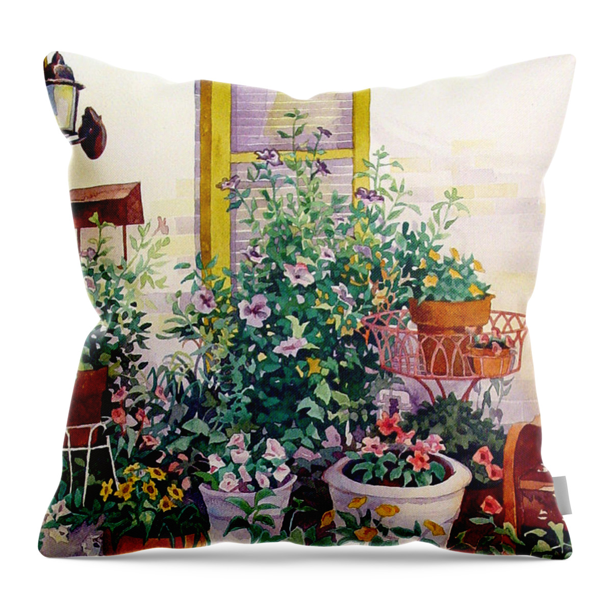 #watercolor #watercolorpainting #landscape #cityscape #frederickmd #artinfrederick #artist #garden #urbangarden Throw Pillow featuring the painting Urban Garden by Mick Williams