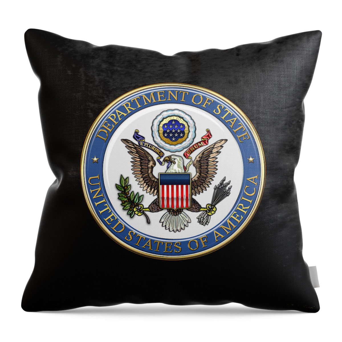 'military Insignia & Heraldry 3d' Collection By Serge Averbukh Throw Pillow featuring the digital art U. S. Department of State - DoS Emblem over Black Velvet by Serge Averbukh