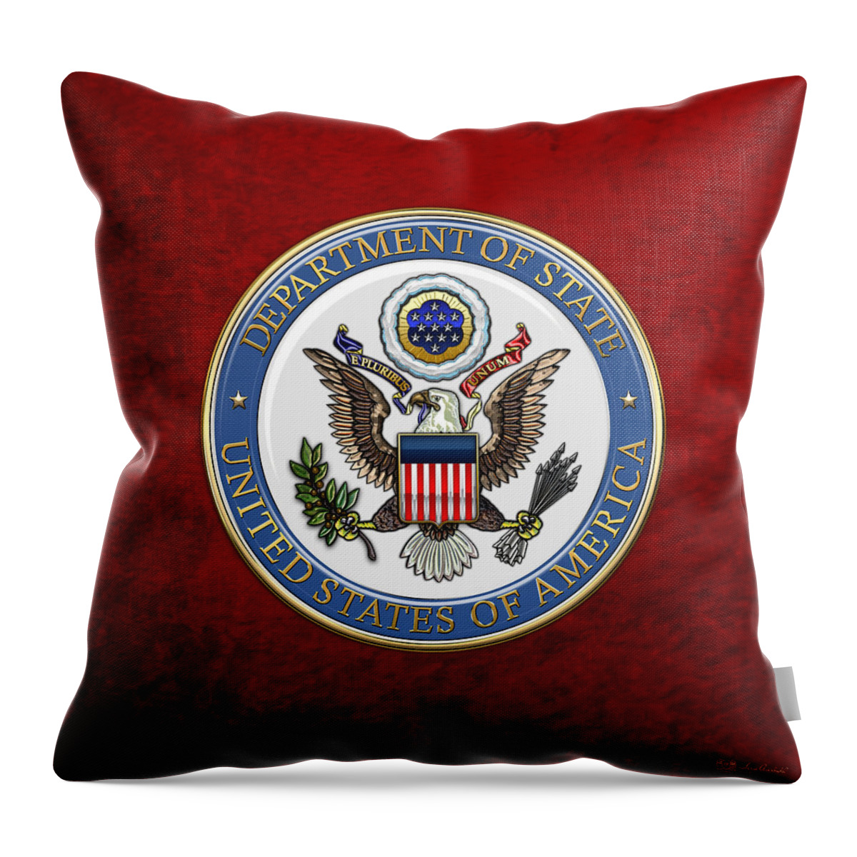 'military Insignia & Heraldry 3d' Collection By Serge Averbukh Throw Pillow featuring the digital art U. S. Department of State - DoS Emblem over Red Velvet by Serge Averbukh