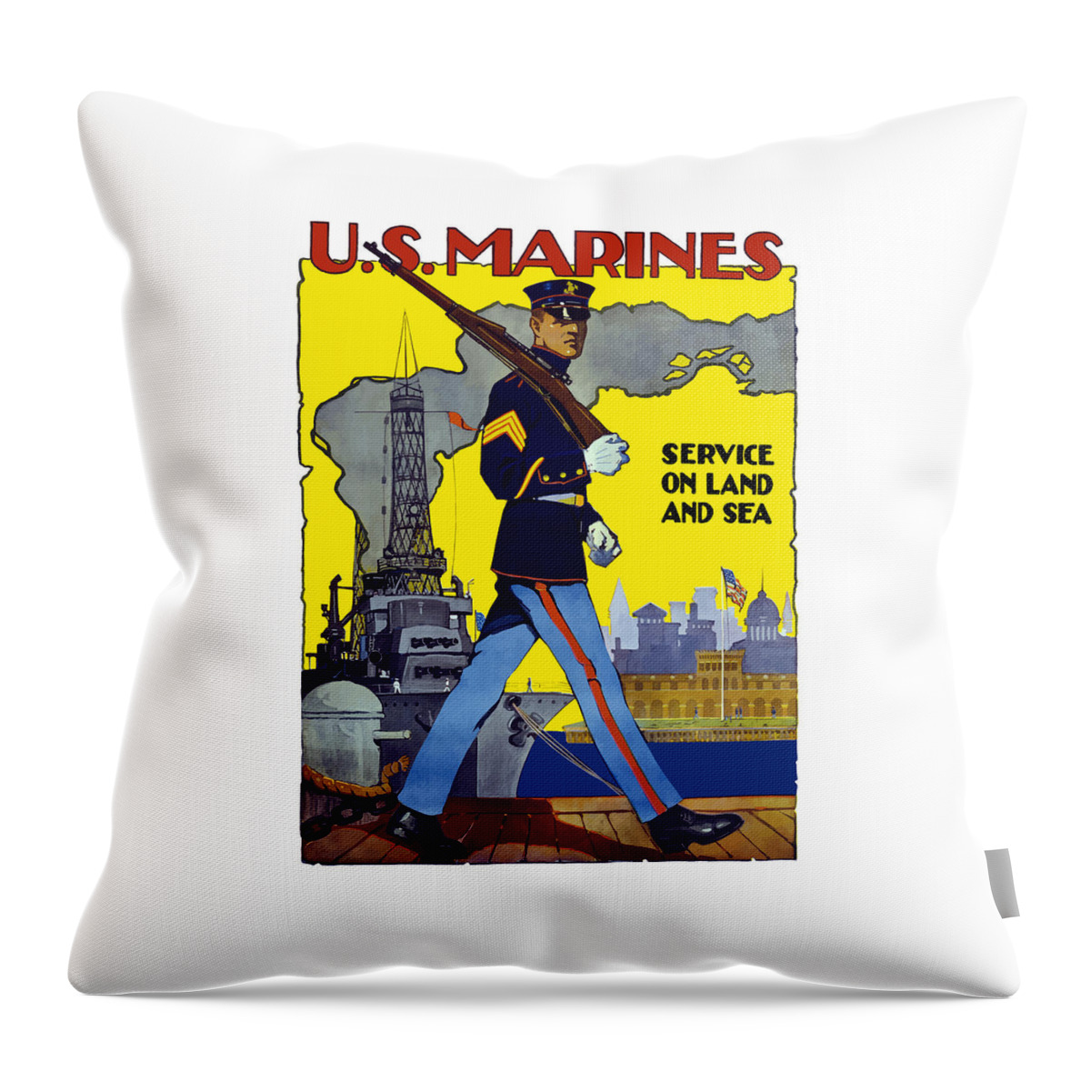 Marines Throw Pillow featuring the painting U.S. Marines - Service On Land And Sea by War Is Hell Store