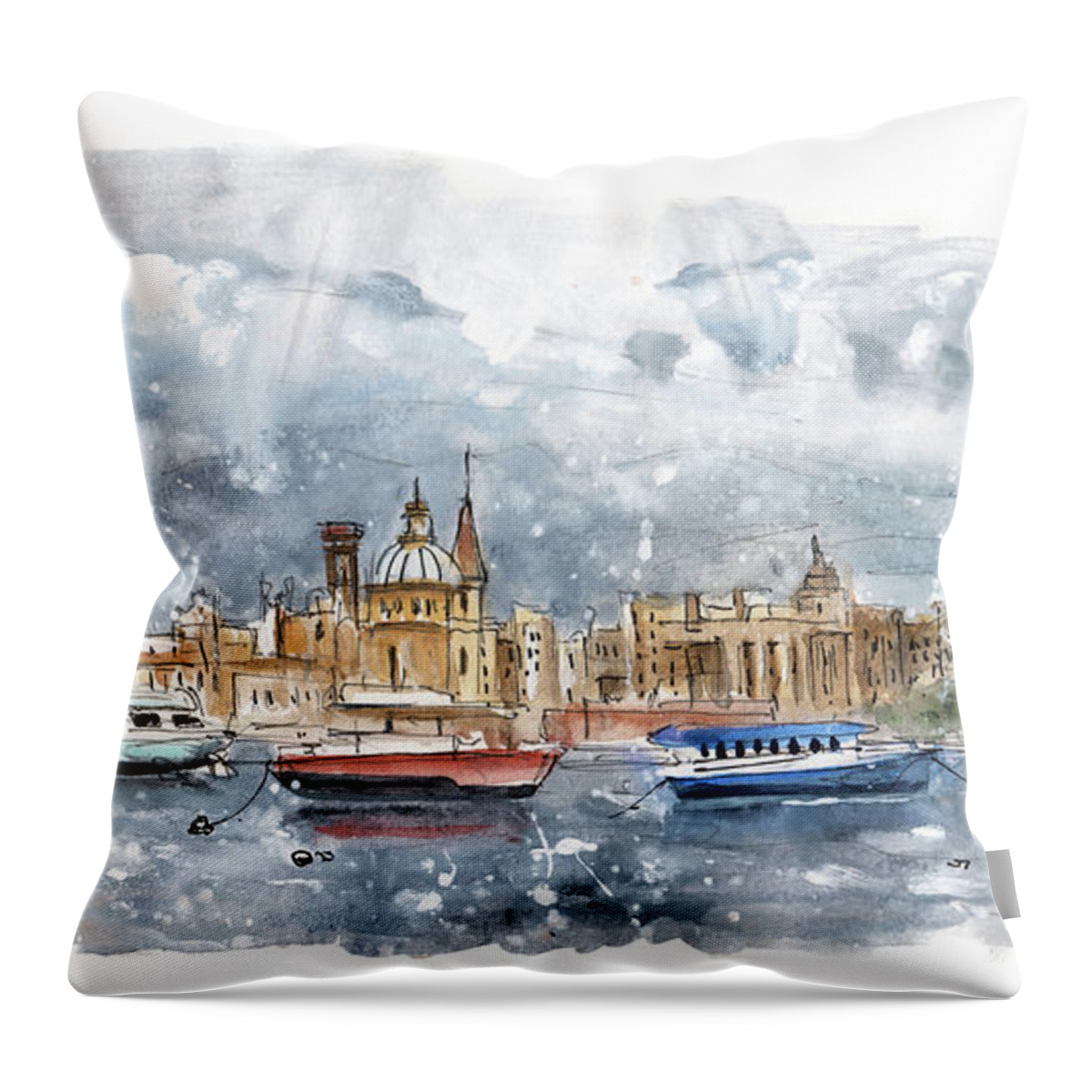 Travel Throw Pillow featuring the painting Valletta 01 by Miki De Goodaboom