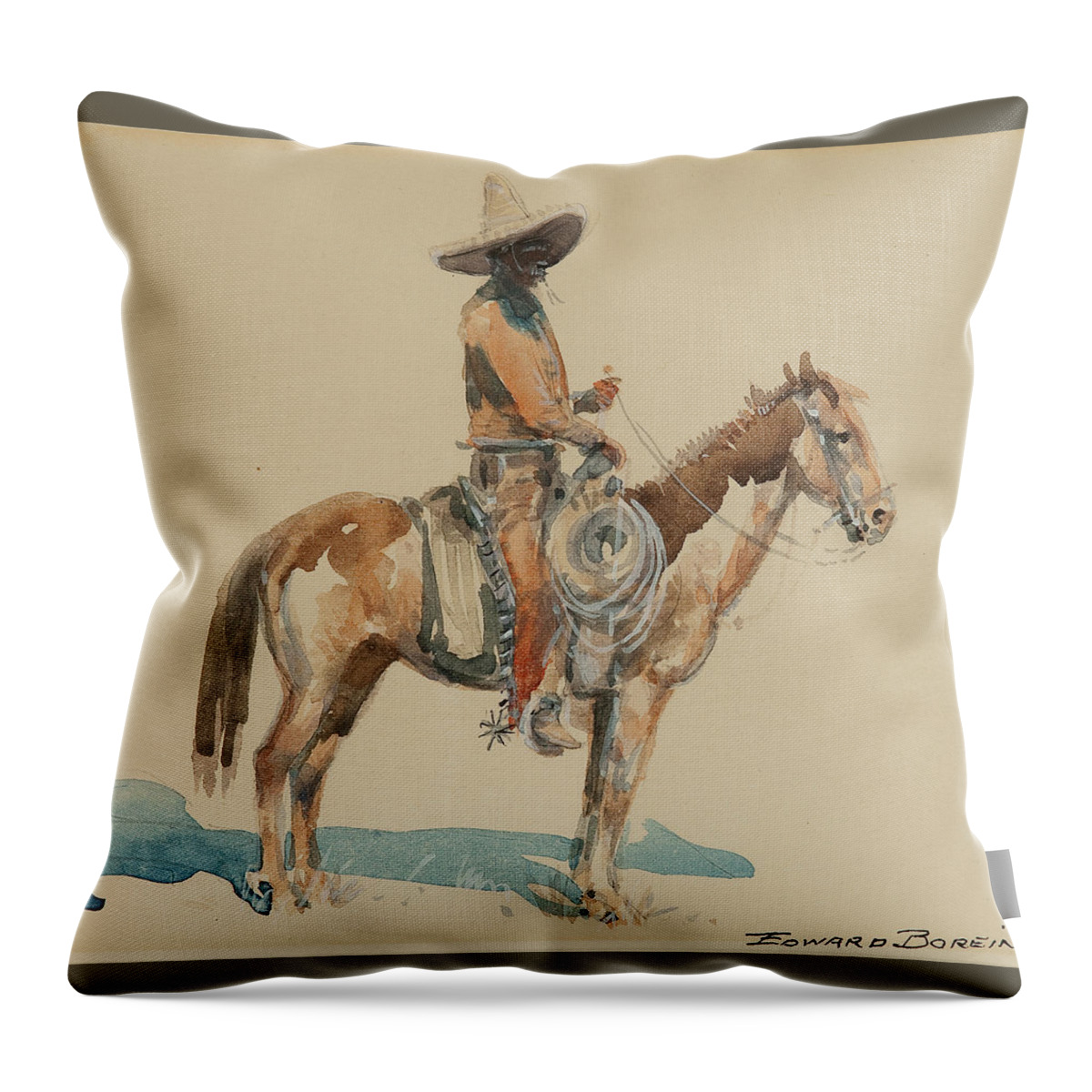 Edward Borein (1872-1945) Vaquero (circa 1920) - Watercolor On Paper Throw Pillow featuring the painting Vaquero by MotionAge Designs