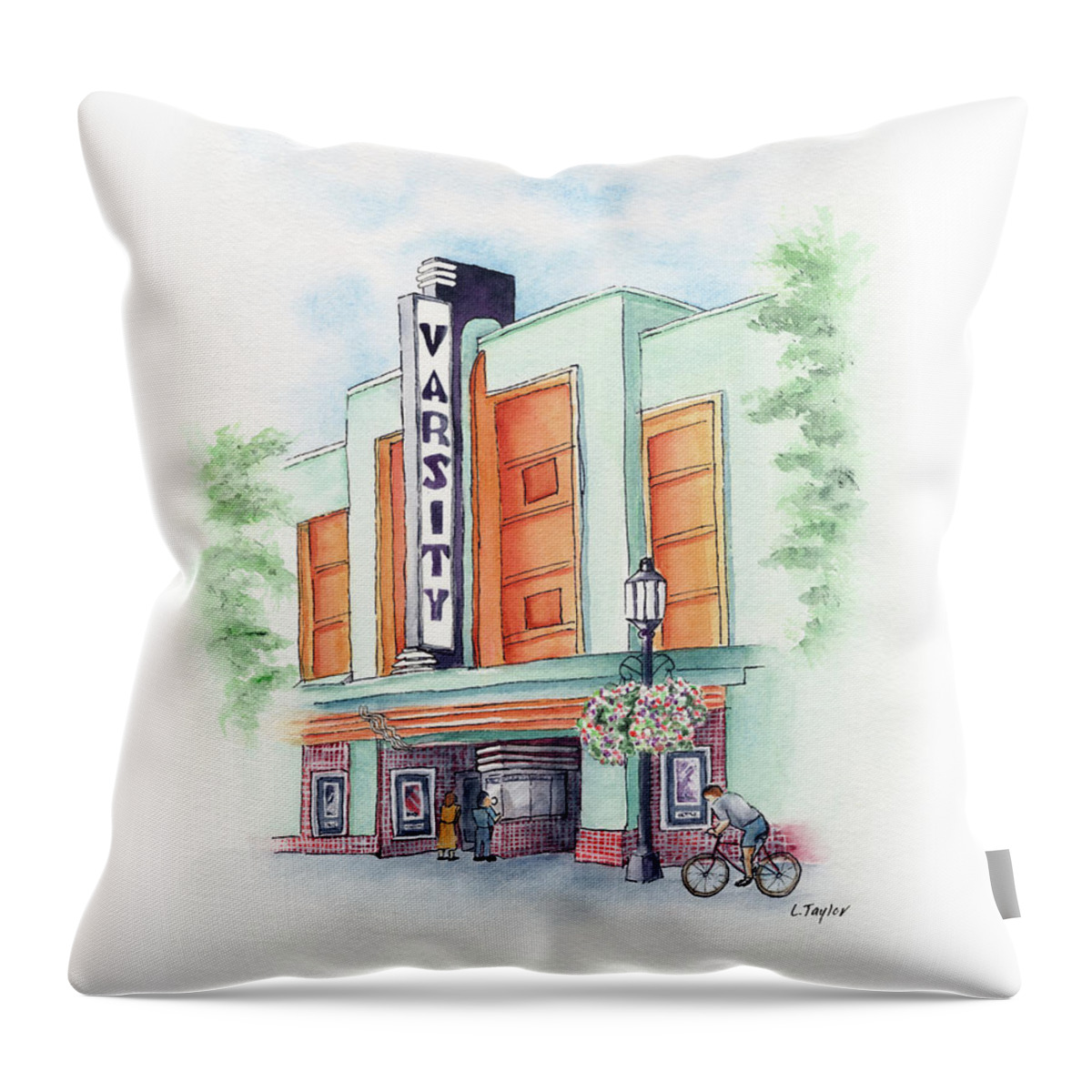 Old Theater Throw Pillow featuring the painting Varsity on Main by Lori Taylor