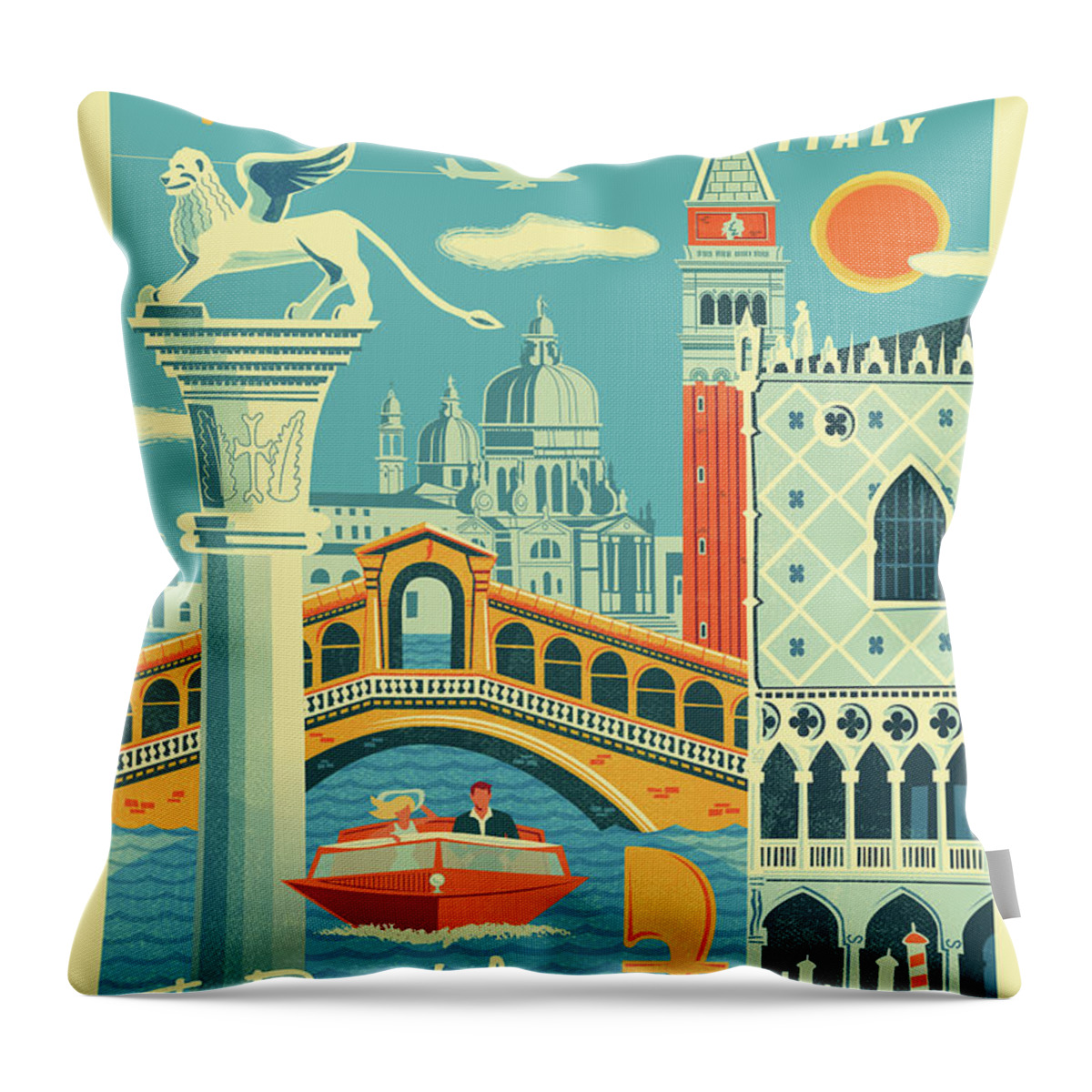 Pop Art Throw Pillow featuring the digital art Venice Poster - Retro Travel by Jim Zahniser