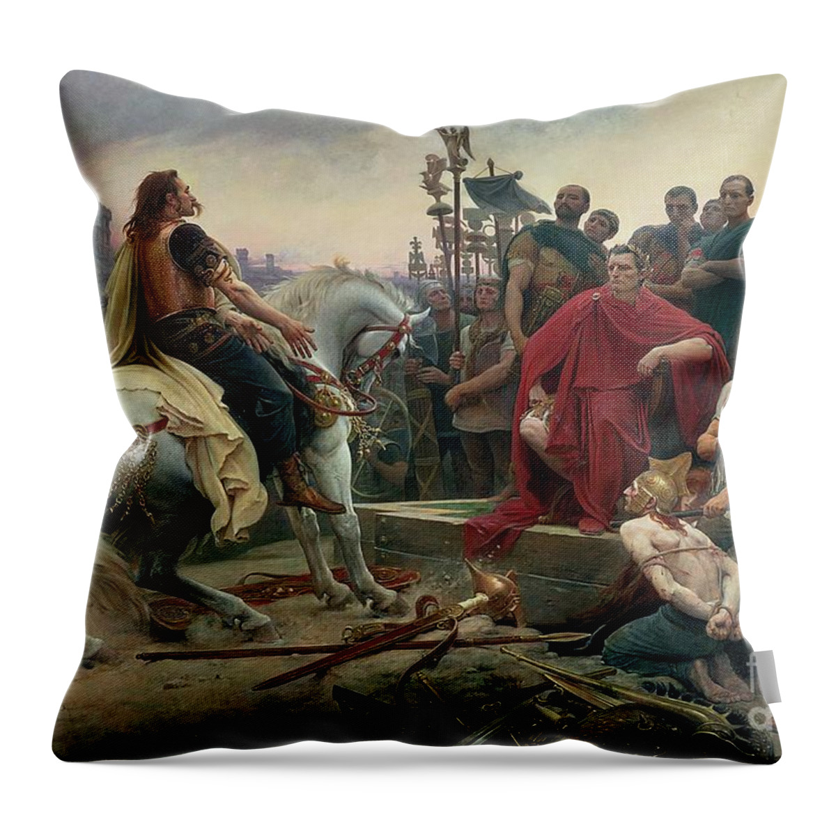 Vercingetorix Throw Pillow featuring the painting Vercingetorix throws down his arms at the feet of Julius Caesar by Lionel Noel Royer