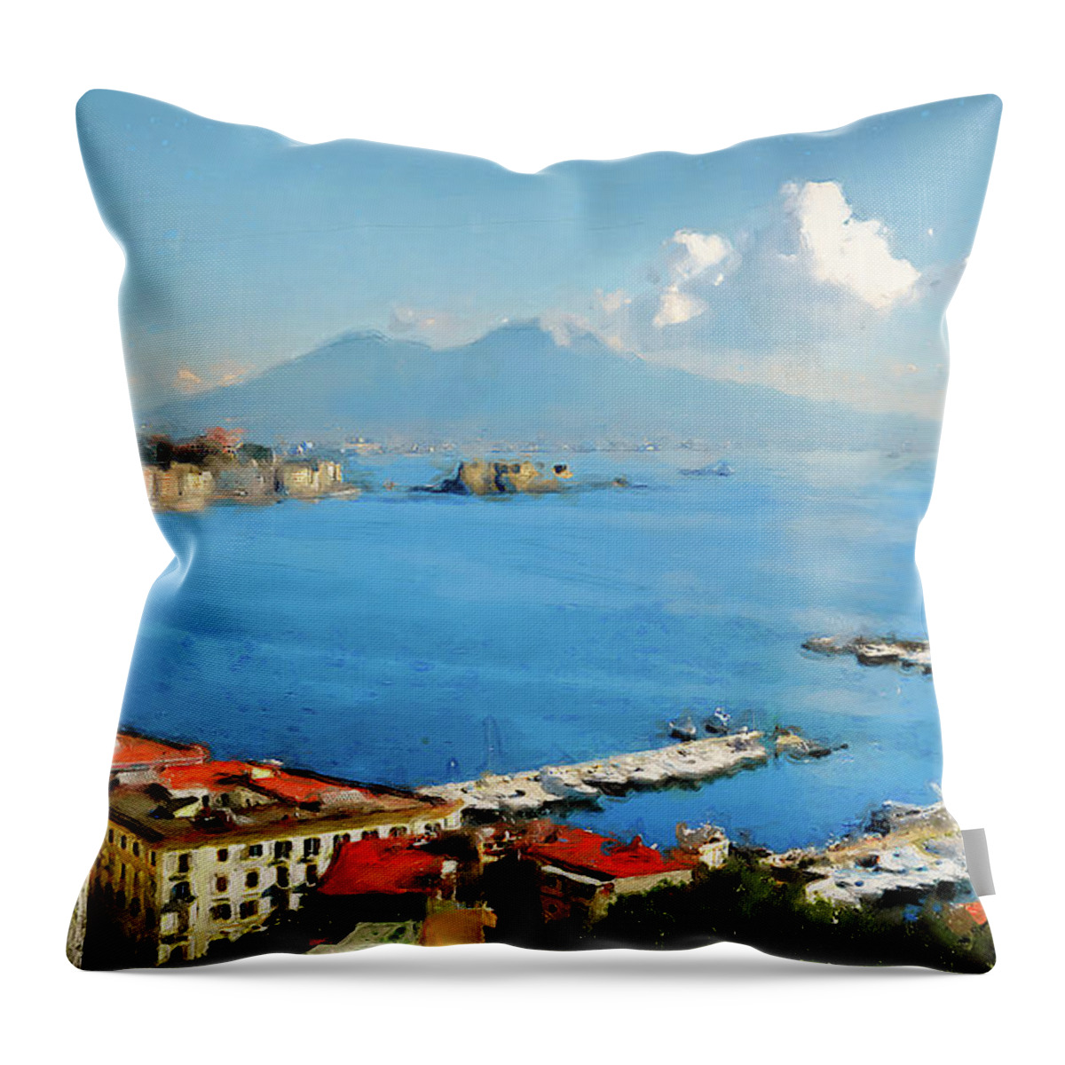 Gulf Of Naples Throw Pillow featuring the painting Vesuvio, panorama from Naples - 02 by AM FineArtPrints