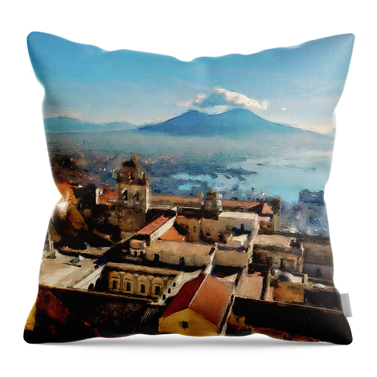 Gulf Of Naples Throw Pillow featuring the painting Vesuvio, panorama from Naples - 03 by AM FineArtPrints