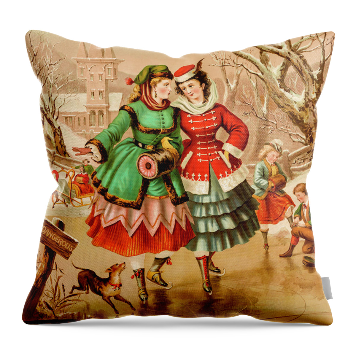 Christmas Throw Pillow featuring the photograph Victorian Ice Skaters by David Letts