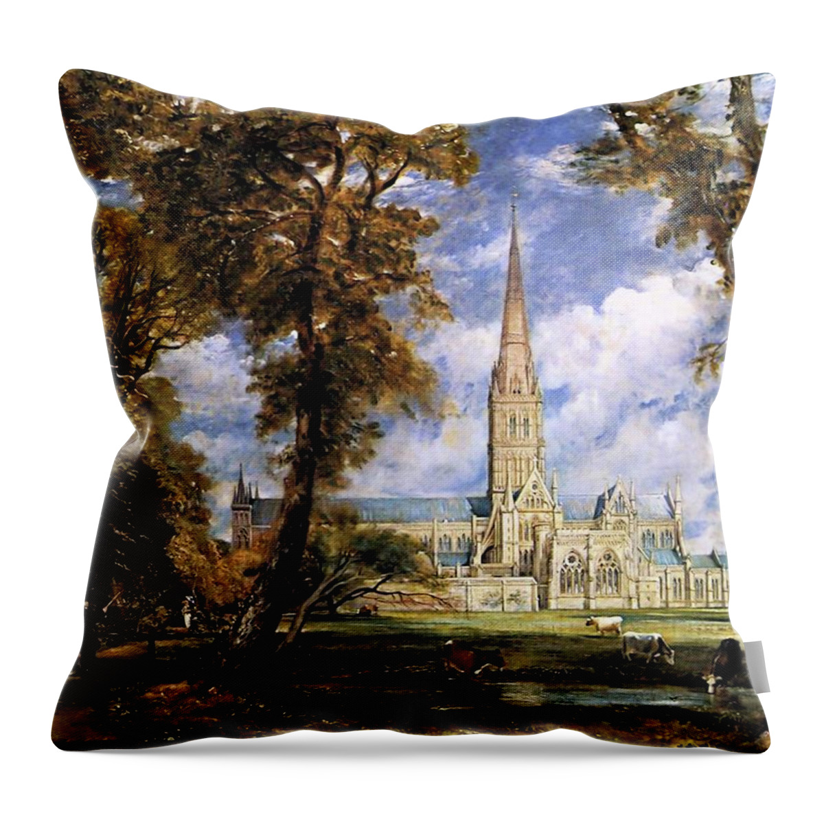 View Of Salisbury Cathdral Throw Pillow featuring the painting View of Salisbury Cathdral by John Constable