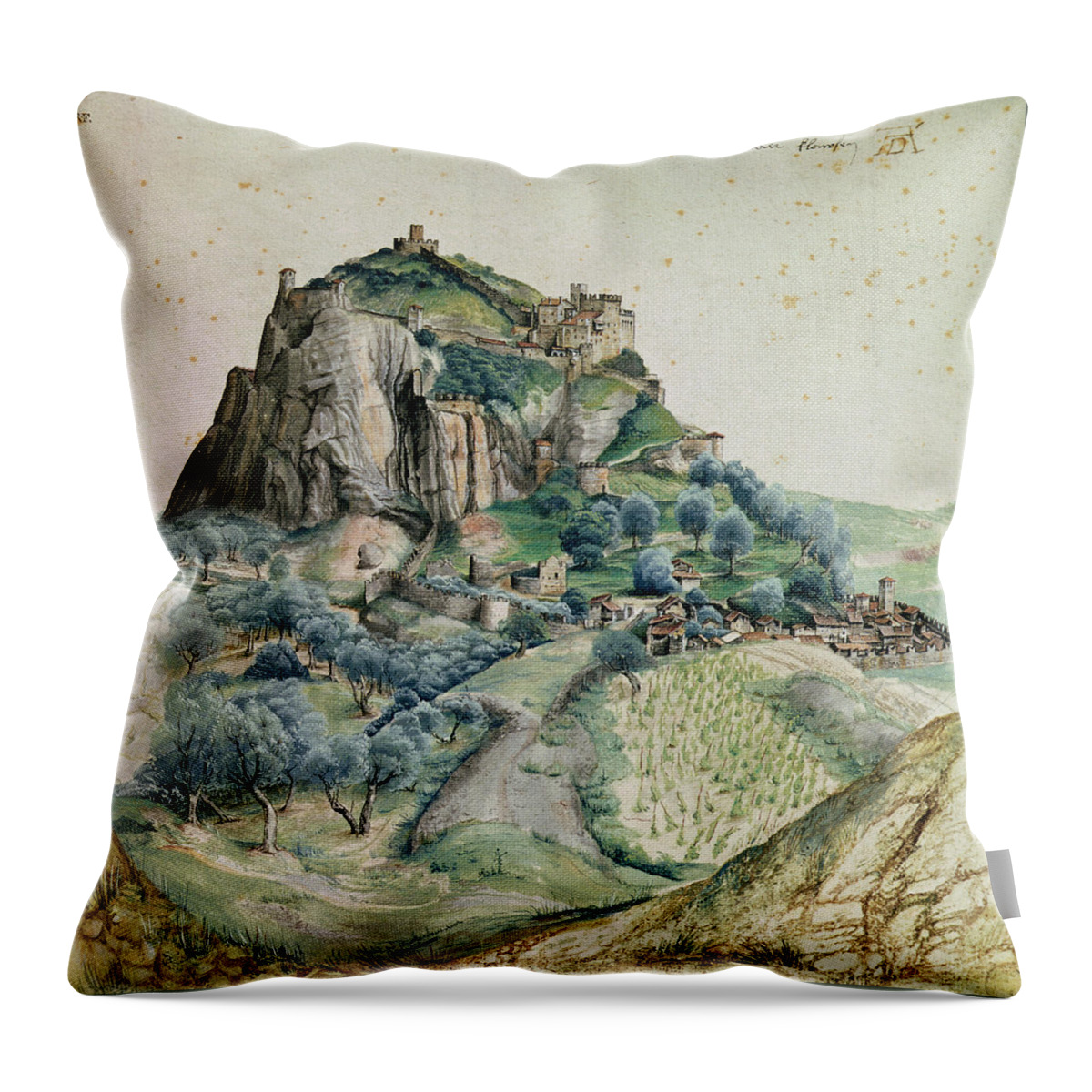 Albrecht Durer Throw Pillow featuring the painting View Of The Arco Valley In The Tyrol by MotionAge Designs