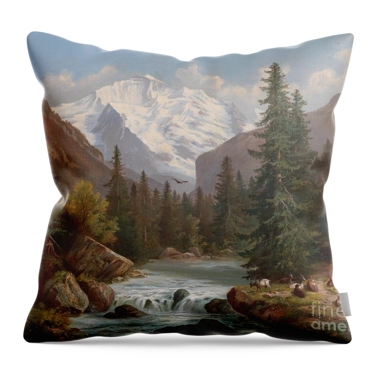 Hubert Sattler (vienna 1817-1904) View Of The Jungfrau Throw Pillow featuring the painting View of the Jungfrau by MotionAge Designs