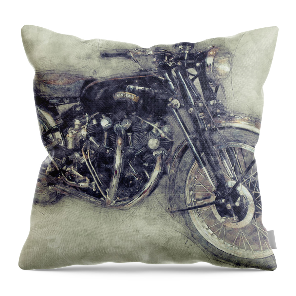 Vincent Black Shadow Throw Pillow featuring the mixed media Vincent Black Shadow 1 - Standard Motorcycle - 1948 - Motorcycle Poster - Automotive Art by Studio Grafiikka