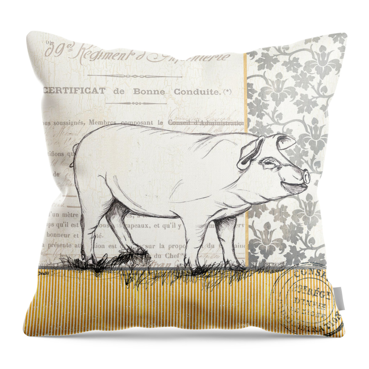 Pig Throw Pillow featuring the painting Vintage Farm 2 by Debbie DeWitt