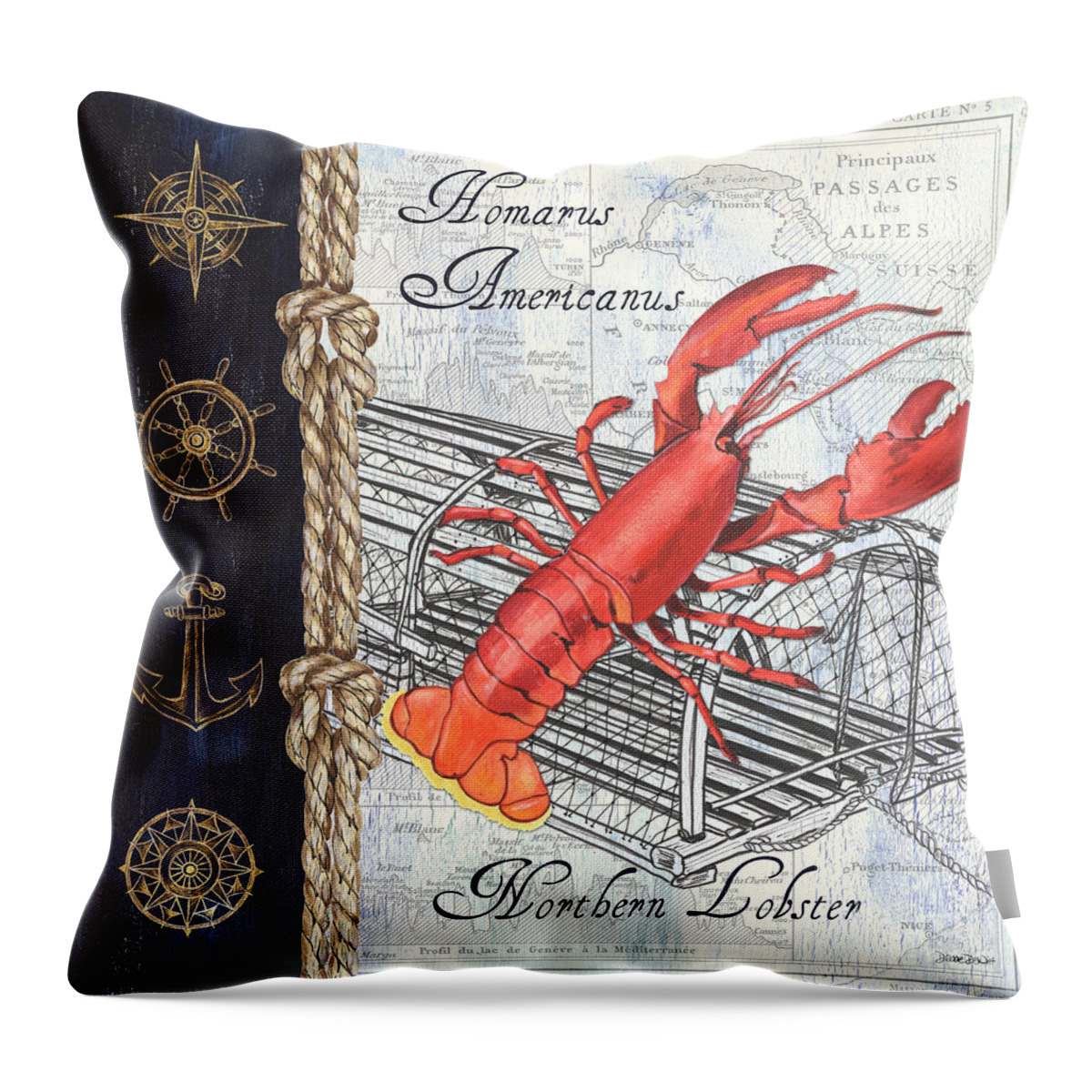 Lobster Throw Pillow featuring the painting Vintage Nautical Lobster by Debbie DeWitt
