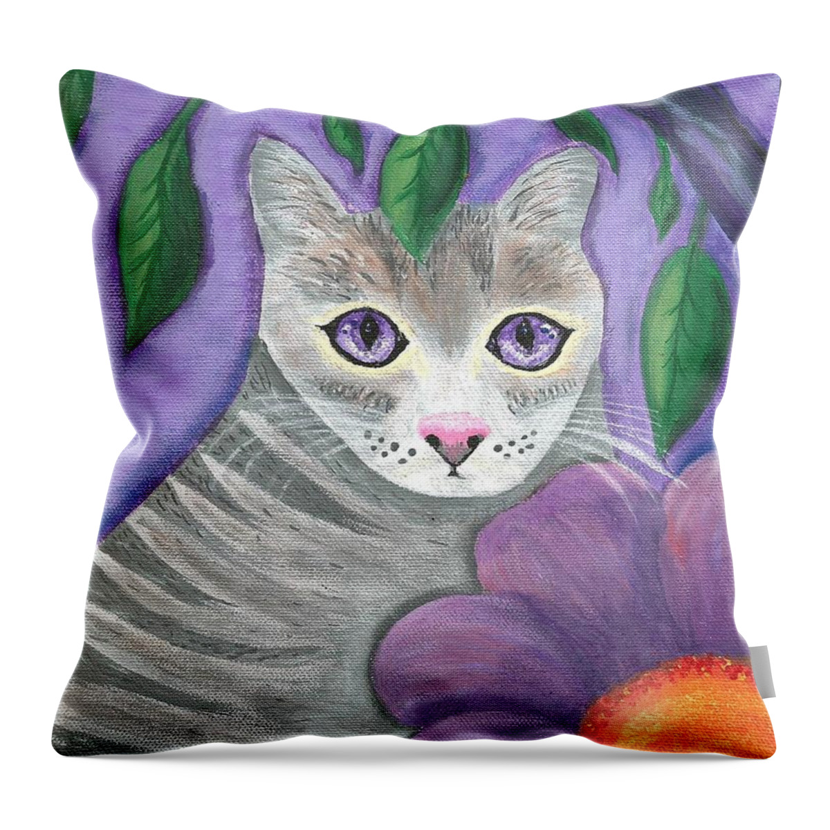 Violet Purple Lavender Eyes Kitty Cat Flower Floral Tabby Grey Throw Pillow featuring the painting Violet Eyed Cat by Monica Resinger
