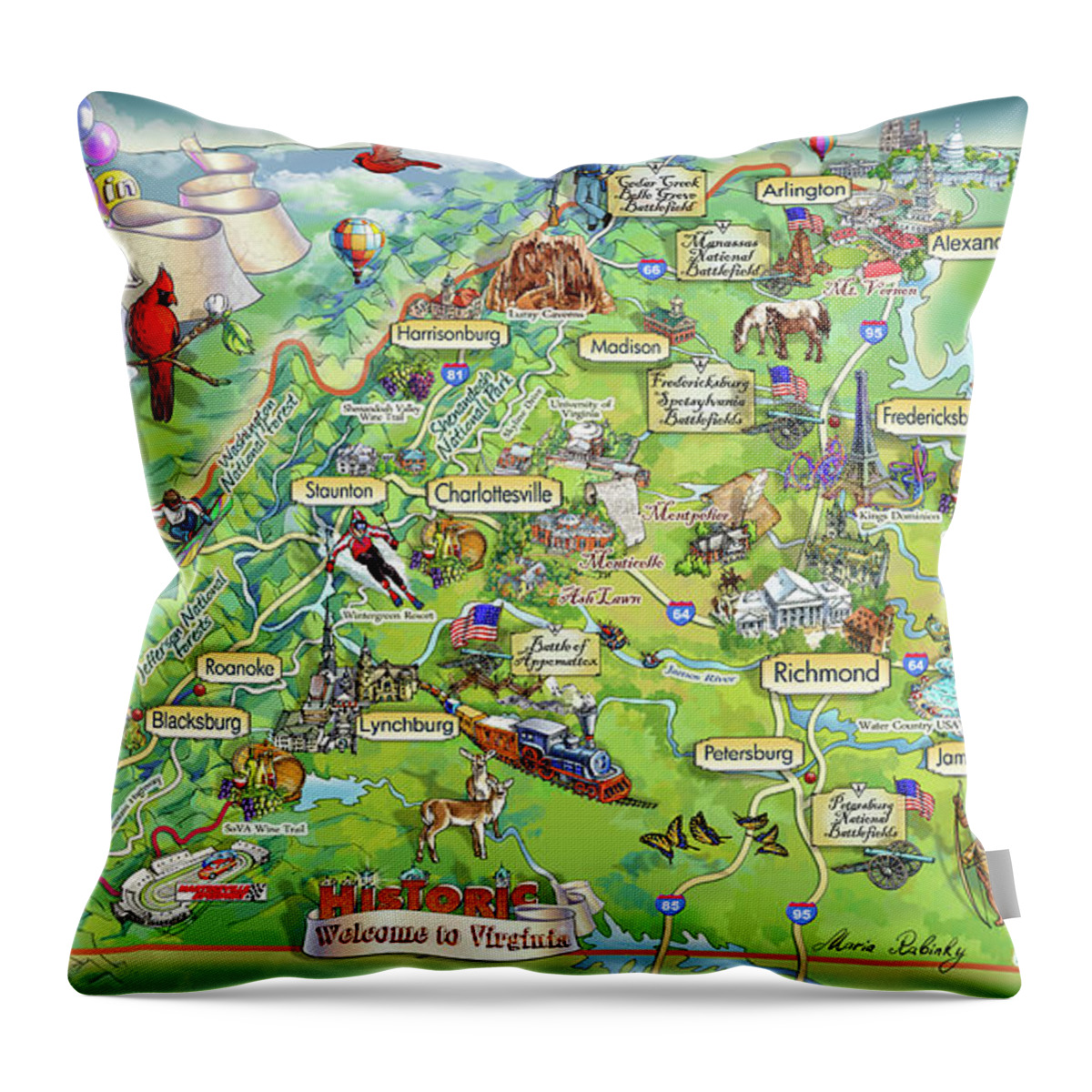 Mount Vernon Throw Pillow featuring the painting Virginia Illustrated Map by Maria Rabinky
