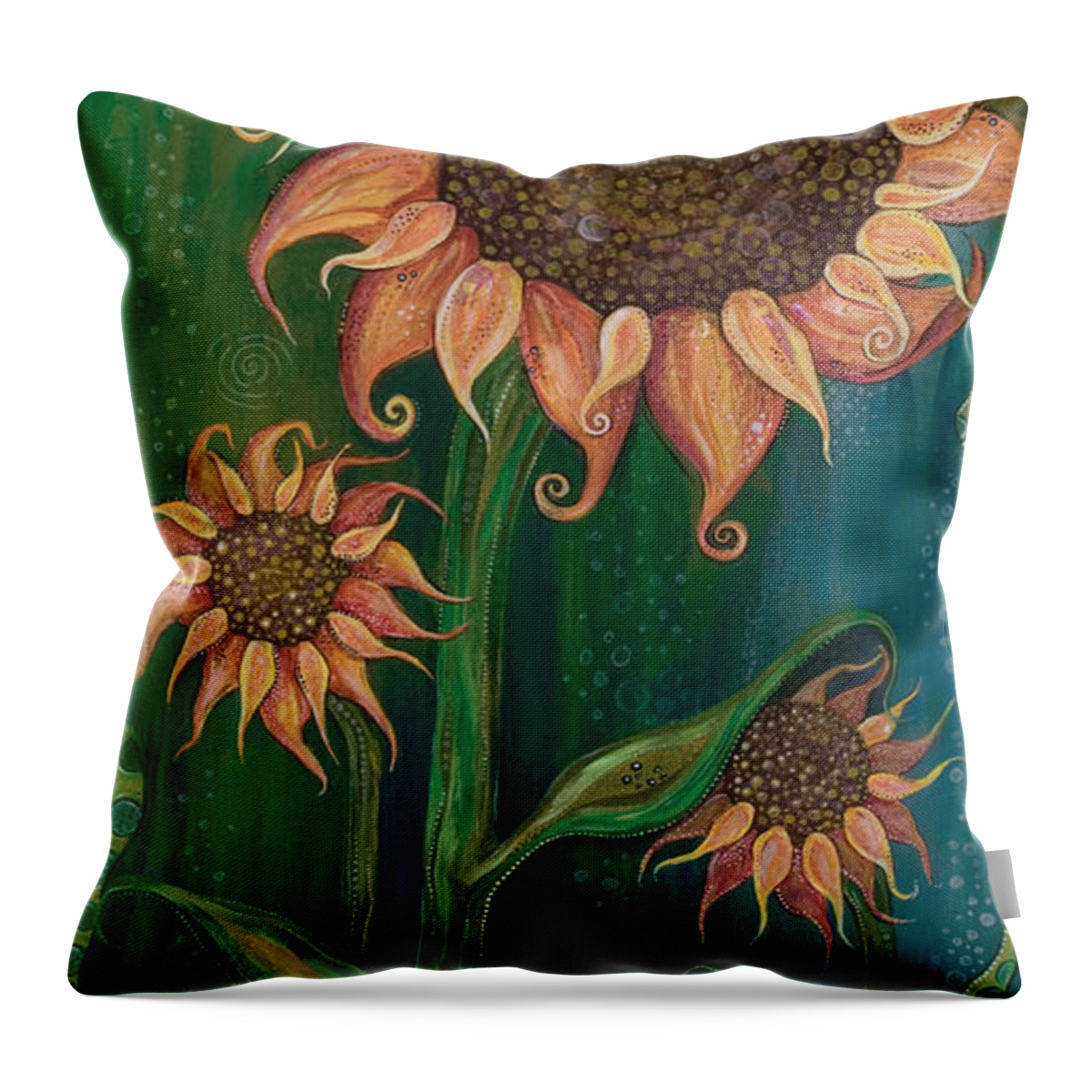 Sunflowers On Green Background Throw Pillow featuring the painting Vivacious by Tanielle Childers