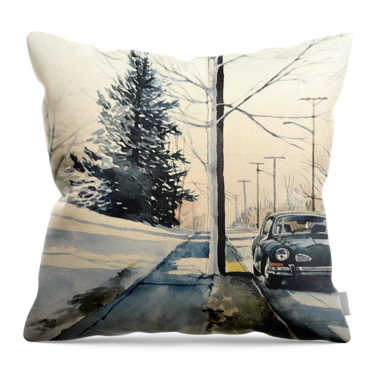 Volkswagen Throw Pillow featuring the painting Volkswagen Karmann Ghia on snowy road by Christopher Shellhammer