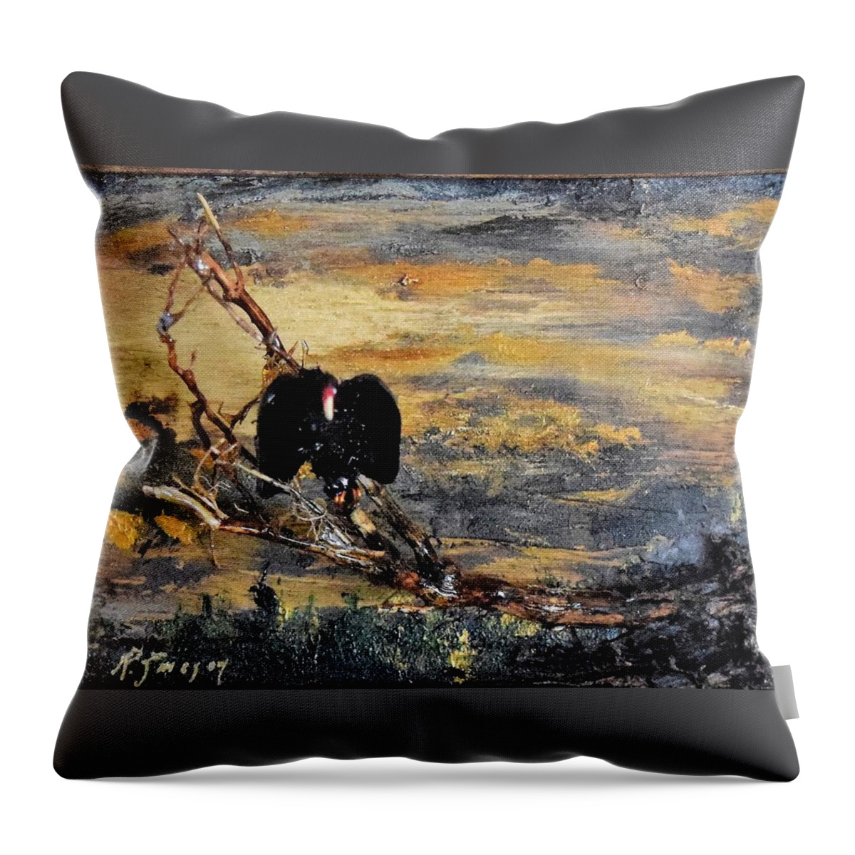 Vulture Throw Pillow featuring the painting Vulture with Oncoming Storm by Roger Swezey