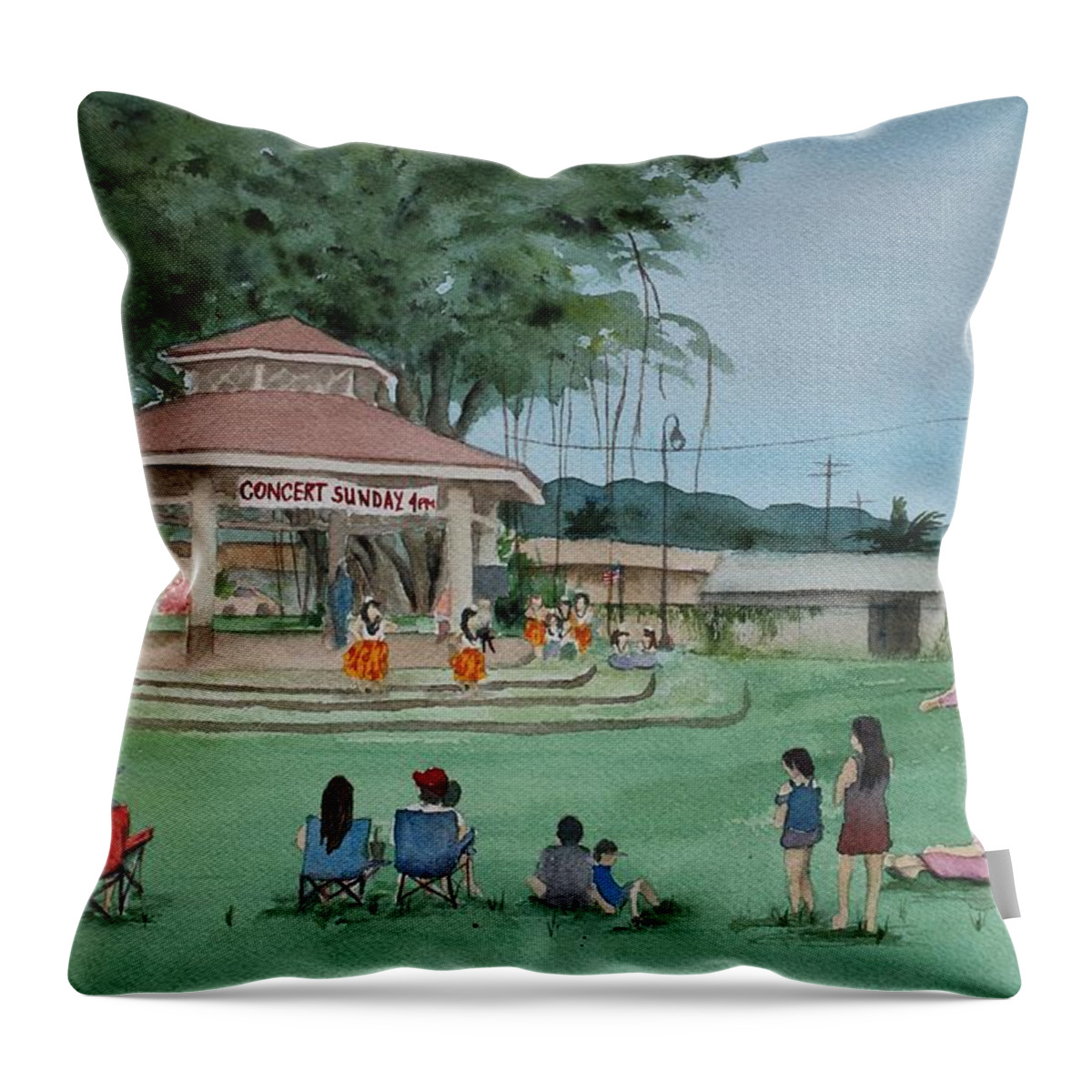 Waialua Throw Pillow featuring the painting Waialua Bandstand by Kelly Miyuki Kimura