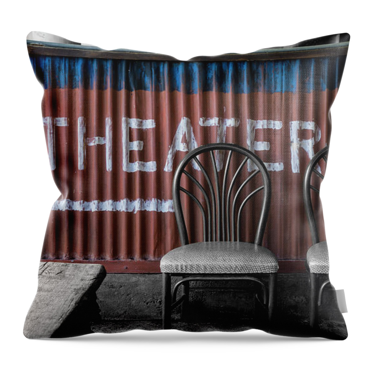 Theater Throw Pillow featuring the photograph Corrugated Metal Theater Sign by Jason Fink