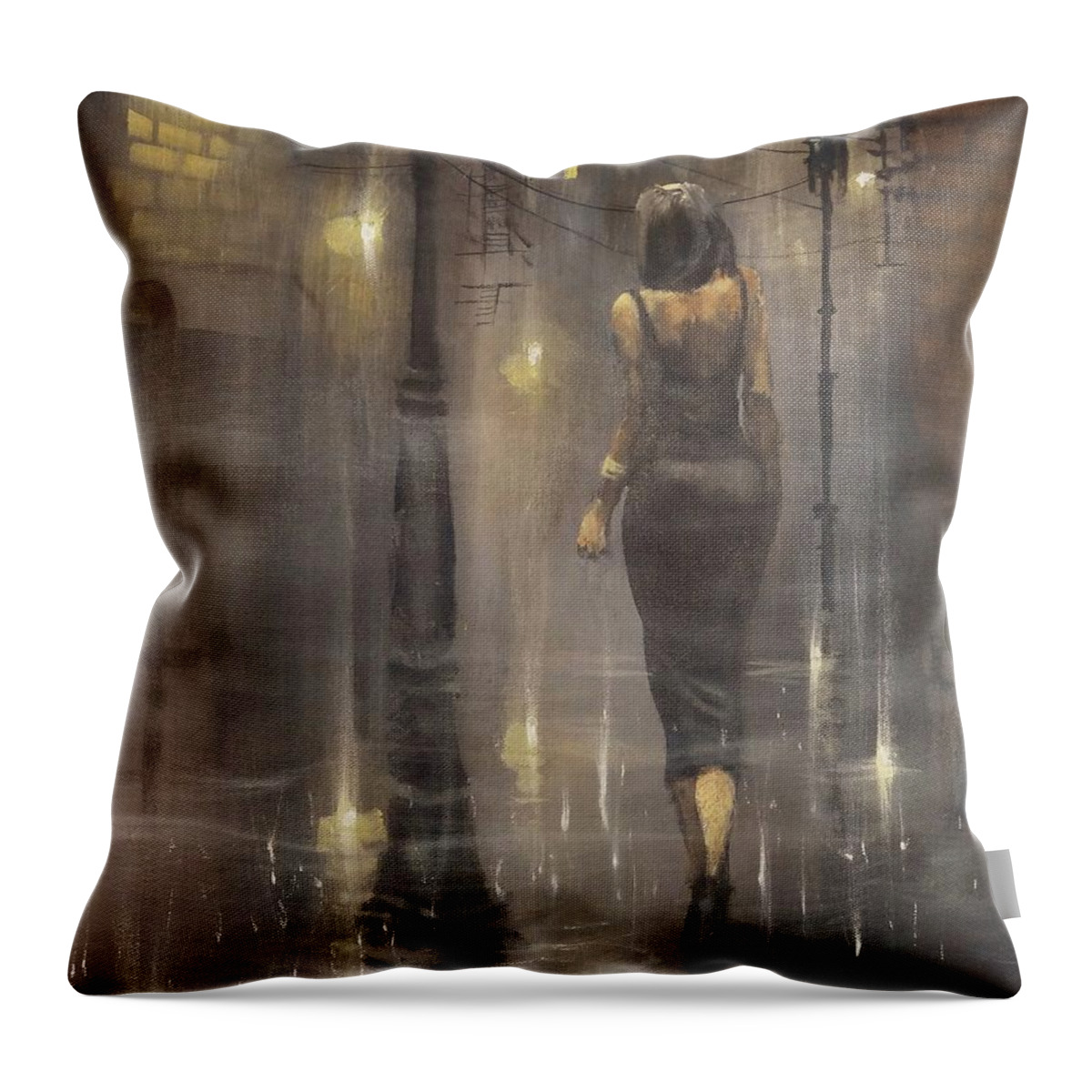 Patsy Cline; Woman In Black Dress; Foggy Alley; Night City Scene; City Rain; Tom Shropshire Painting; Figure Art Throw Pillow featuring the painting Walking After Midnight by Tom Shropshire