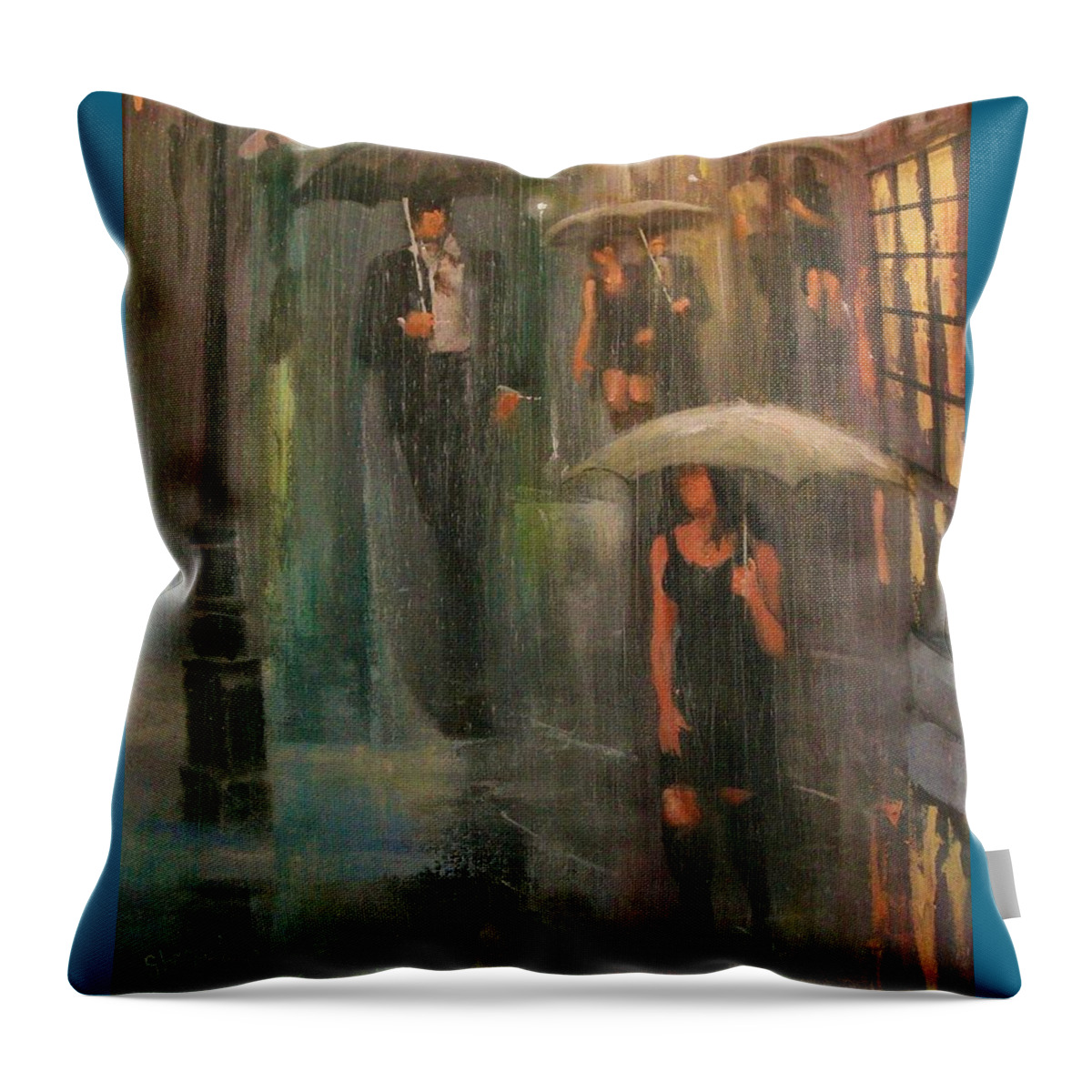  Downpour Throw Pillow featuring the painting Walking in the Rain by Tom Shropshire