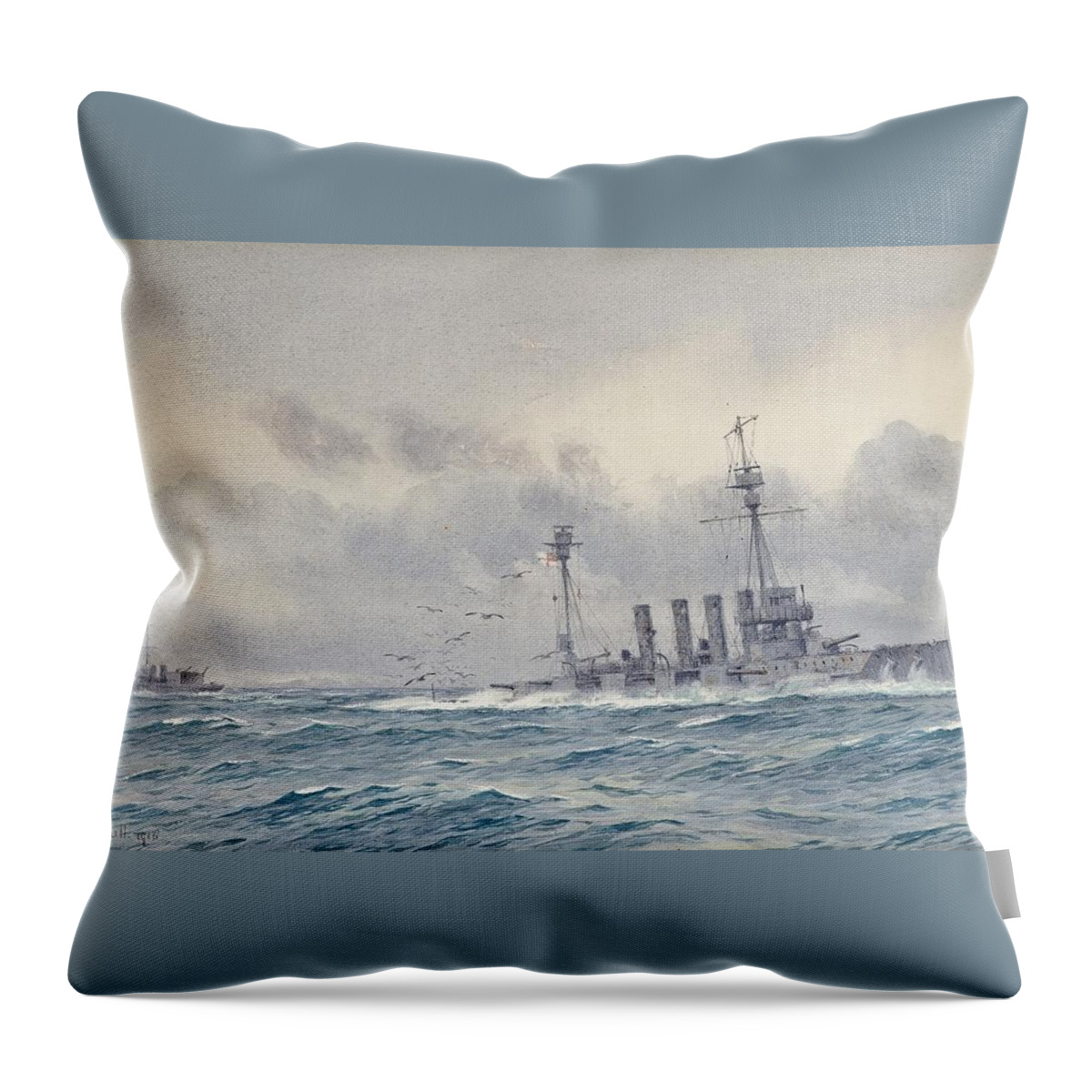Alma Claude Burlton Cull (1880-1931) The Sinking Of H.m.s. Warrior After The Battle Of Jutland Throw Pillow featuring the painting Warrior after the Battle of Jutland by MotionAge Designs