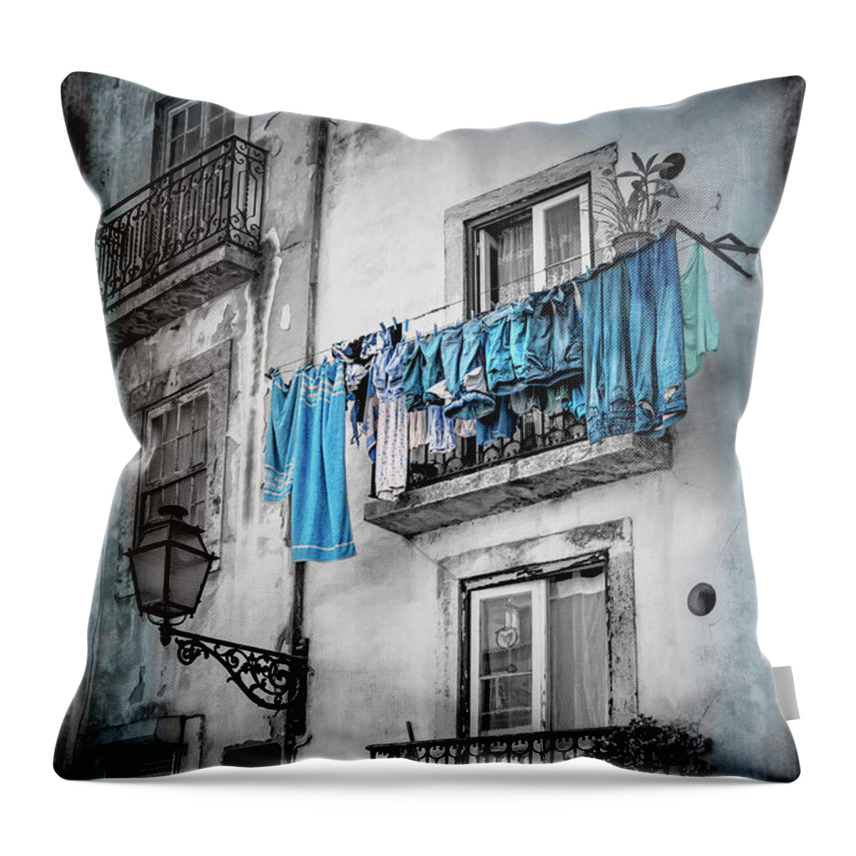 Lisbon Throw Pillow featuring the photograph Washday Blues in Lisbon Portugal Black and White by Carol Japp