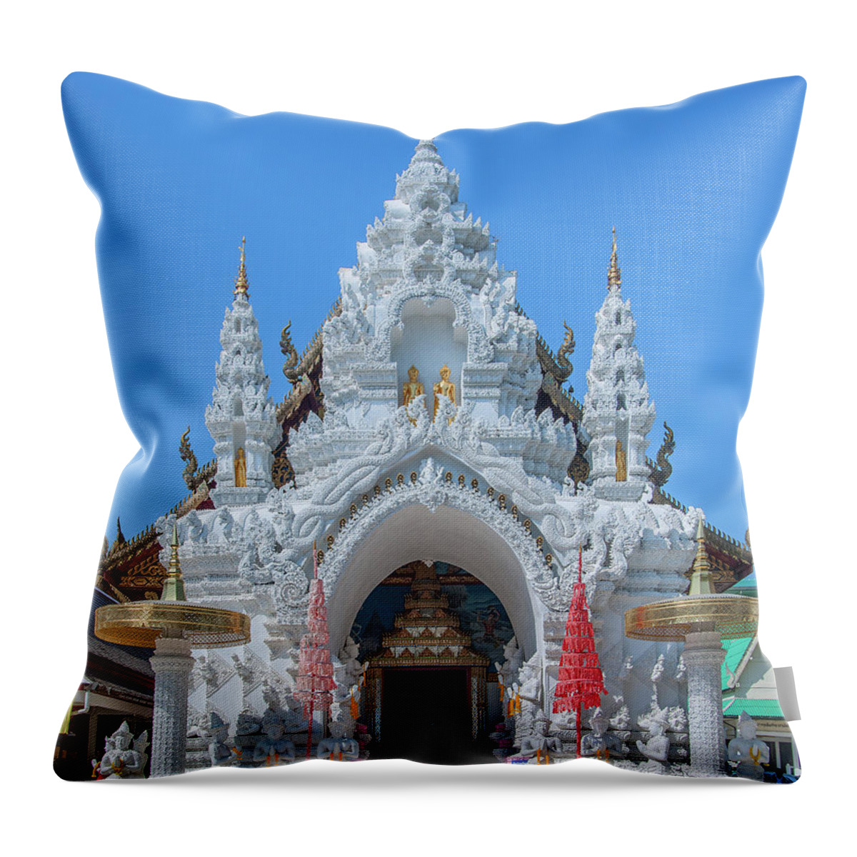Scenic Throw Pillow featuring the photograph Wat Sun Pa Yang Luang Wihan Luang Gate DTHLU0315 by Gerry Gantt