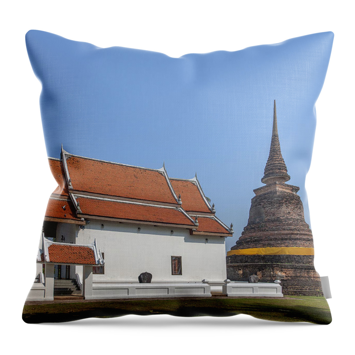 Temple Throw Pillow featuring the photograph Wat Traphang Thong Lang Phra Ubosot and Main Chedi DTHST0168 by Gerry Gantt