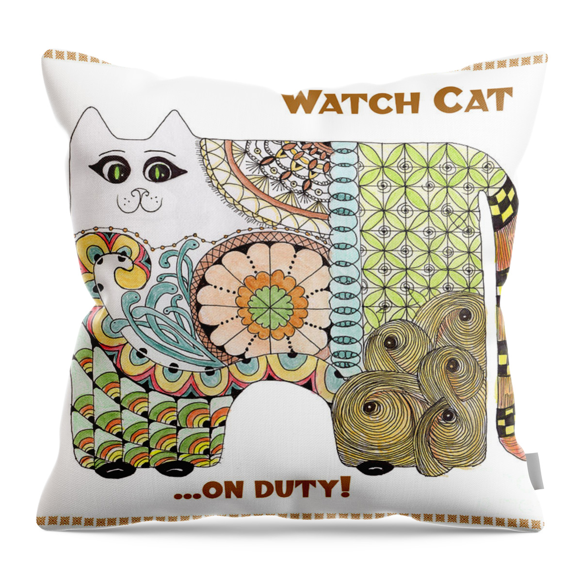 Kitty Cat Zentangles Doodles Watercolor Geometrics Throw Pillow featuring the tapestry - textile Watch Cat...on duty by Ruth Dailey