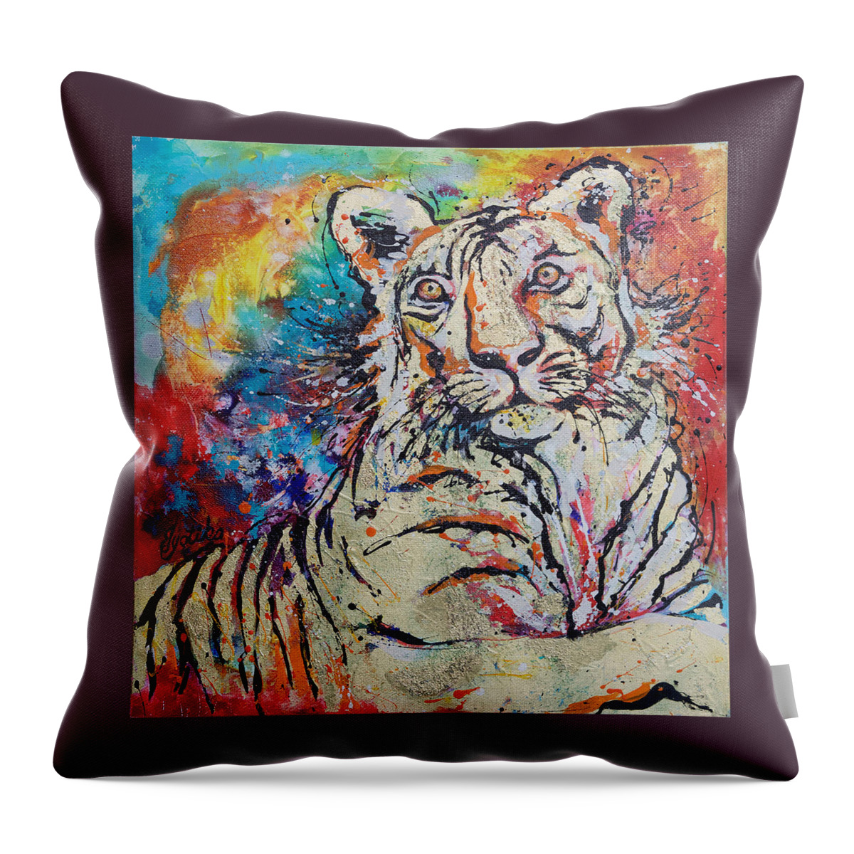 Tiger Throw Pillow featuring the painting Watchful Tigeress by Jyotika Shroff