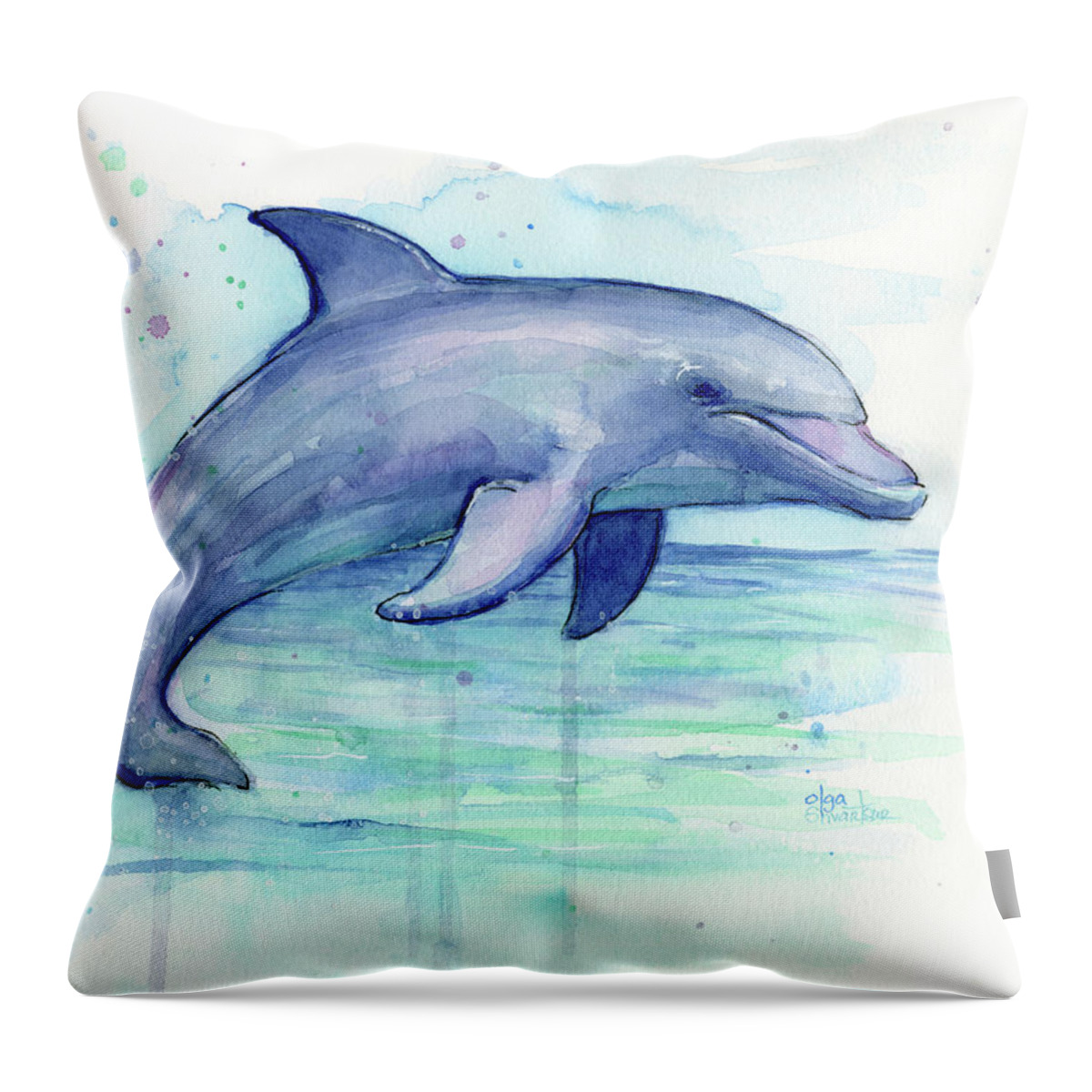 Dolphin Throw Pillow featuring the painting Watercolor Dolphin Painting - Facing Right by Olga Shvartsur