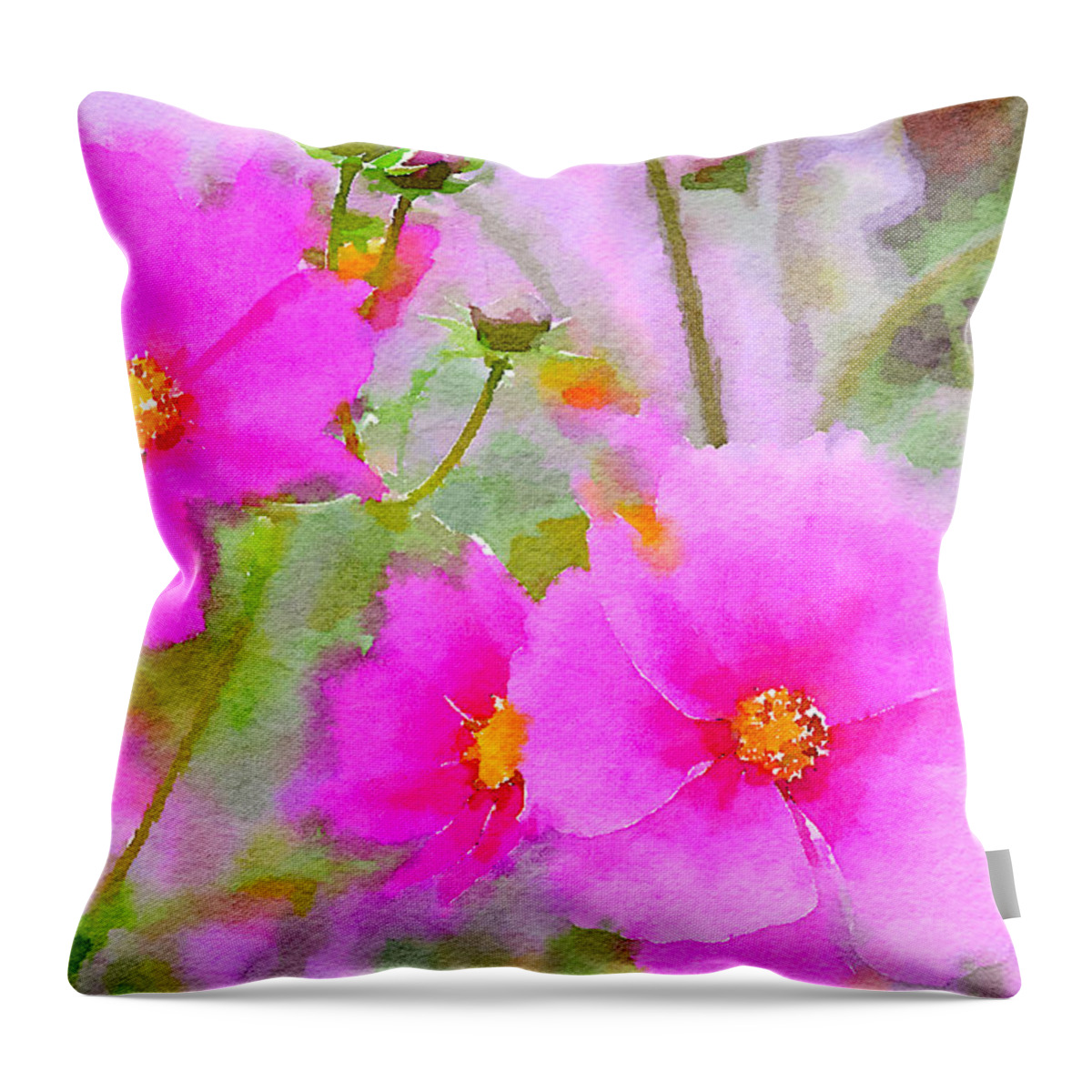 Watercolor Floral Throw Pillow featuring the painting Watercolor Pink Cosmos by Bonnie Bruno