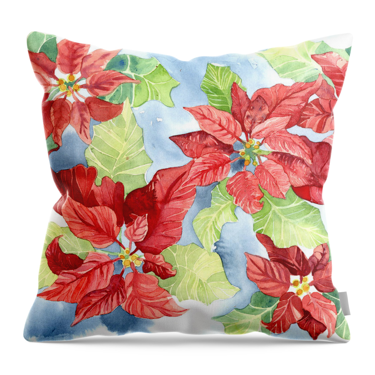 Poinsettia Throw Pillow featuring the painting Watercolor Poinsettias Christmas Decor by Audrey Jeanne Roberts