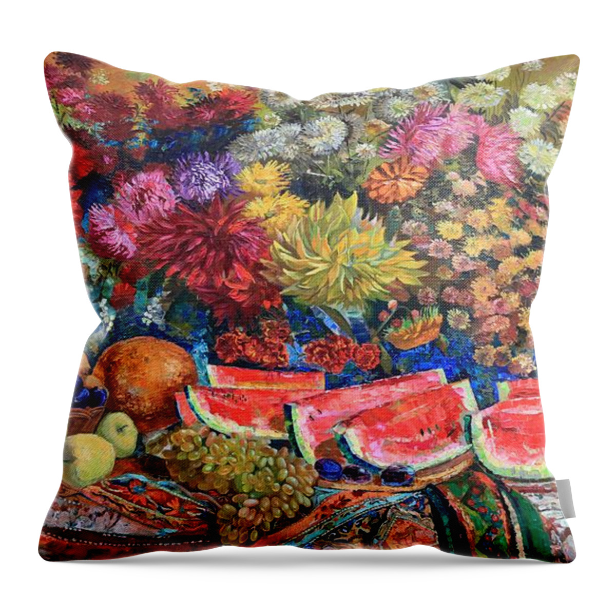 Maya Gusarina Throw Pillow featuring the painting Watermelon Symphony by Maya Gusarina