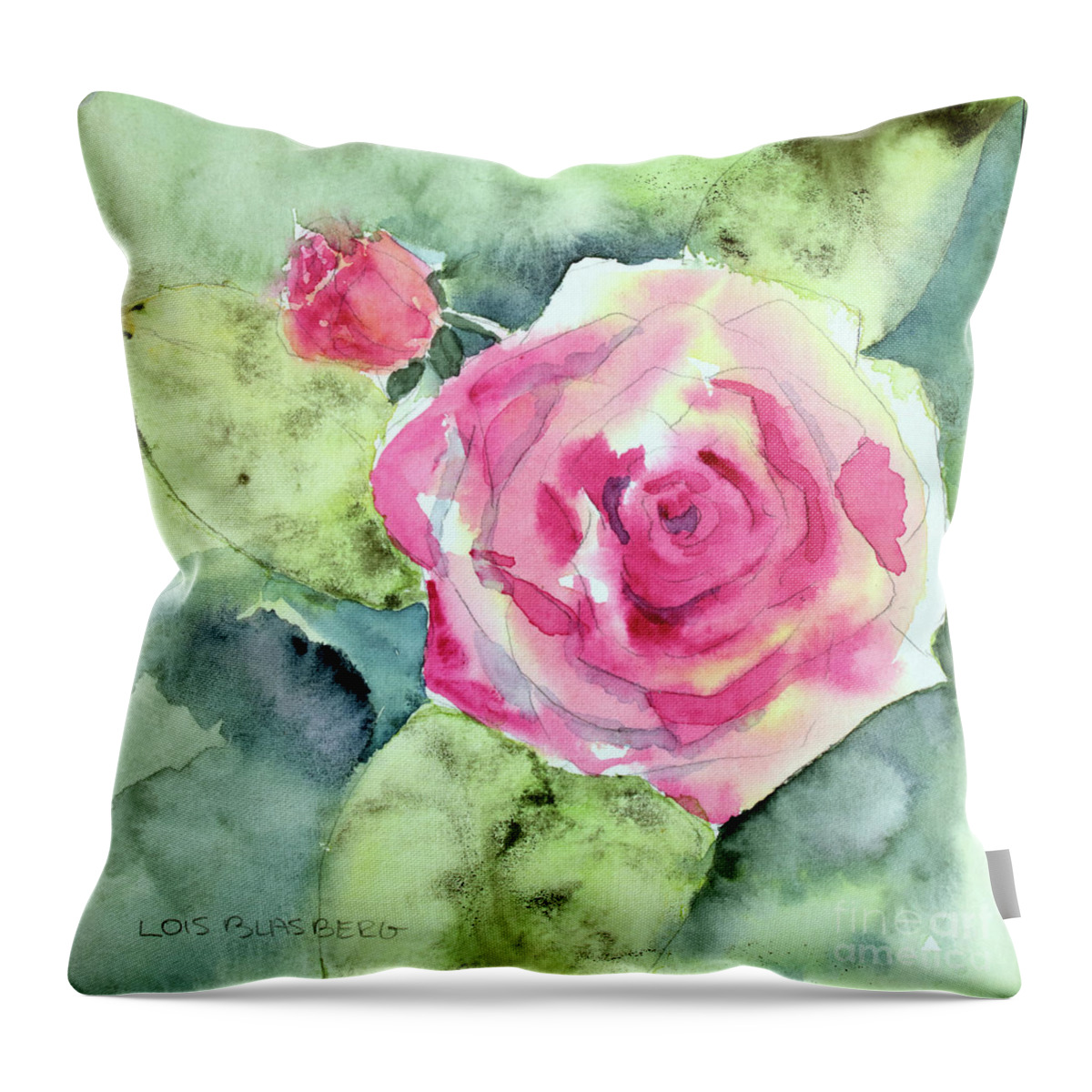 Face Mask Throw Pillow featuring the painting Watery Rose by Lois Blasberg