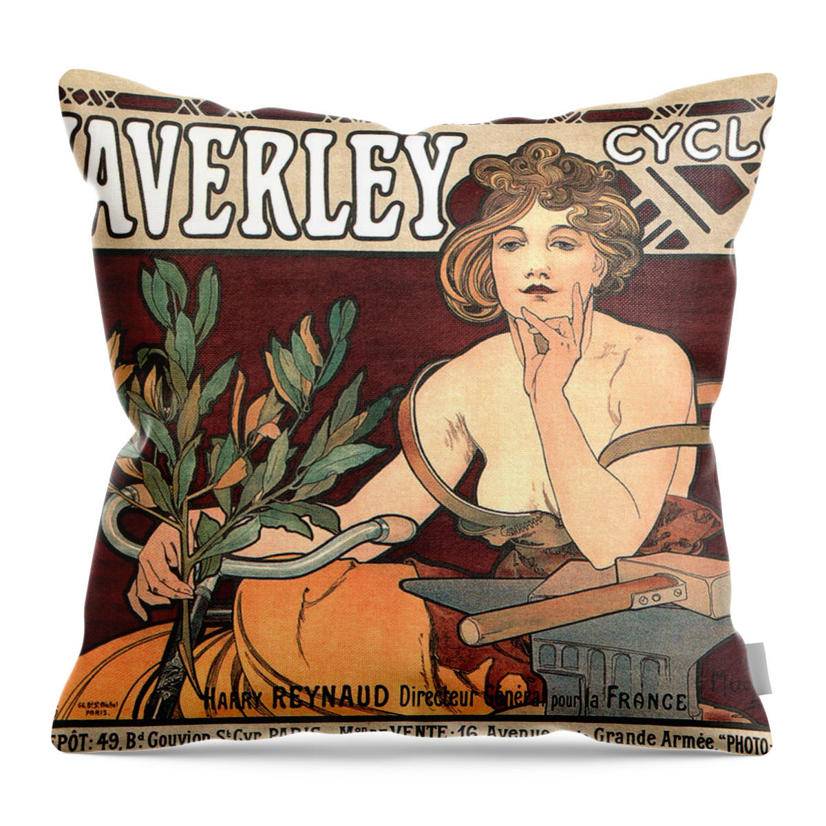 Vintage Throw Pillow featuring the mixed media Waverley Cycles - Bicycle - Vintage French Advertising Poster by Studio Grafiikka