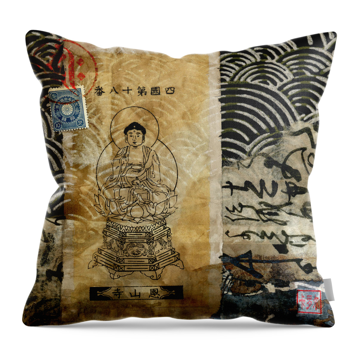 Waves And Mountain Throw Pillow featuring the mixed media Shikoku Waves and Mountain by Carol Leigh
