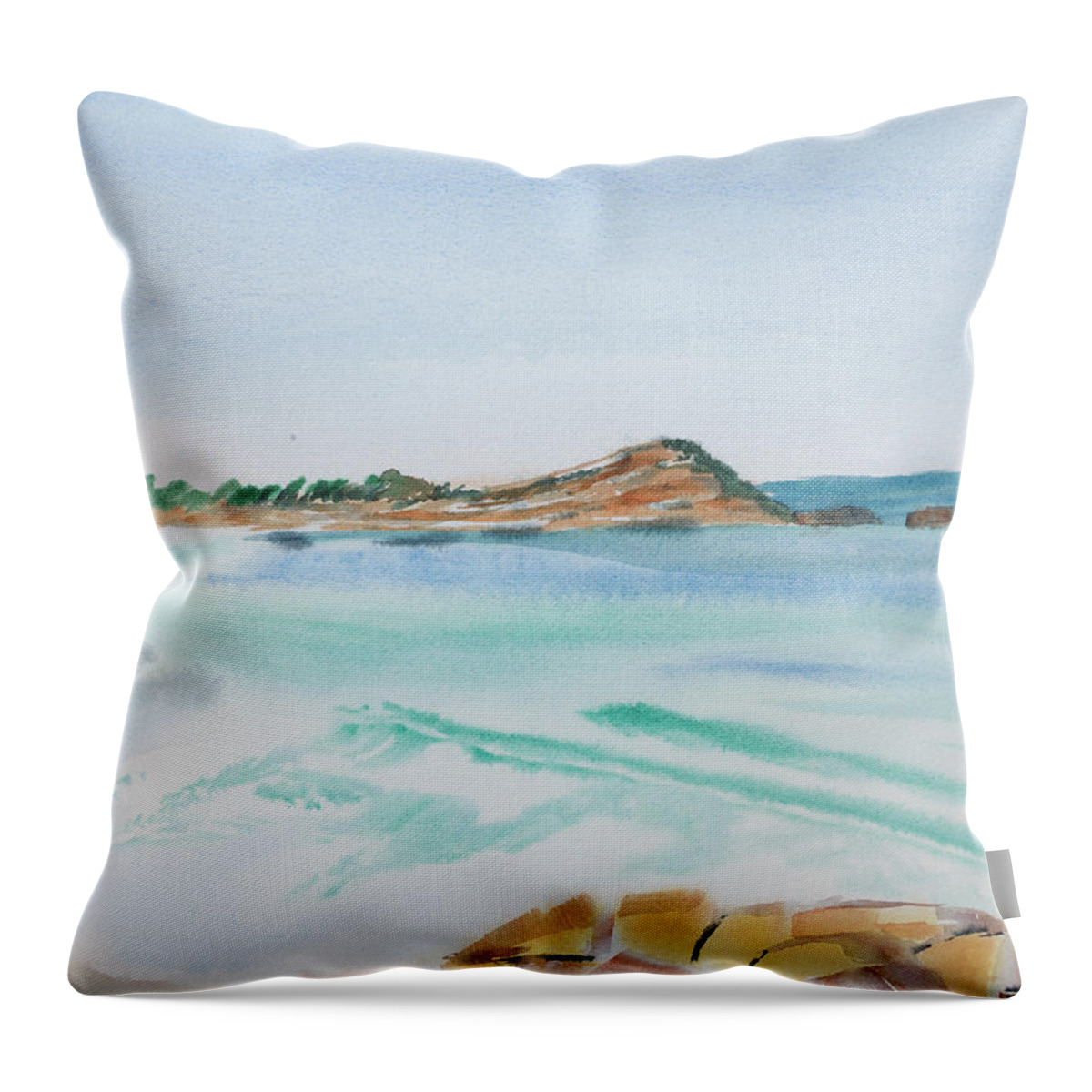 Tasmania Throw Pillow featuring the painting Waves Arriving Ashore in a Tasmanian East Coast Bay by Dorothy Darden