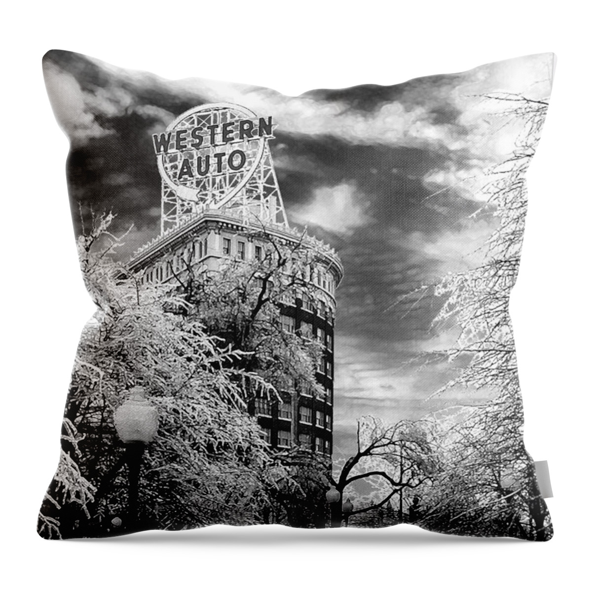 Western Auto Kansas City Throw Pillow featuring the photograph Western Auto In Winter by Steve Karol