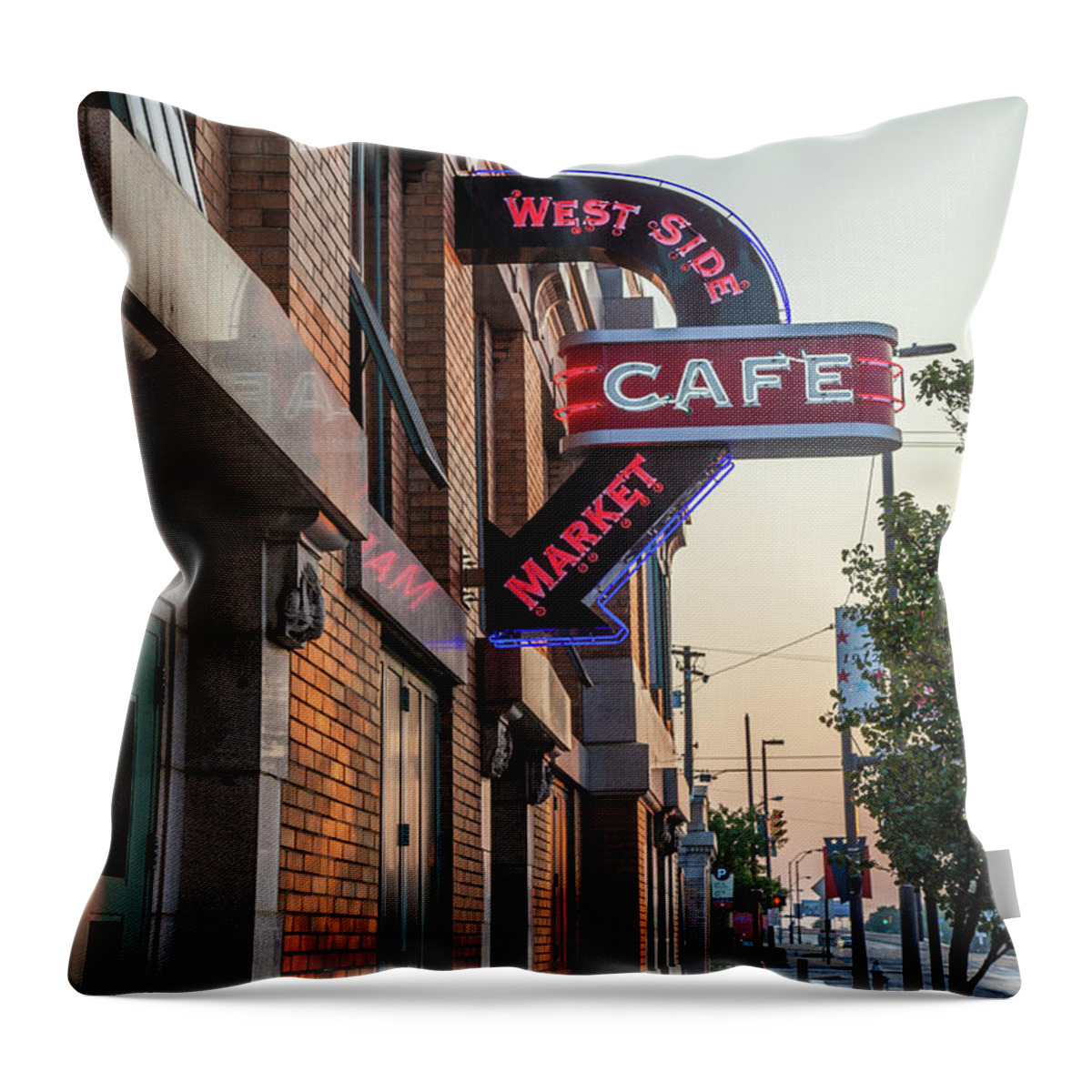 West Side Market Throw Pillow featuring the photograph WestSideMarketCafe by Lon Dittrick