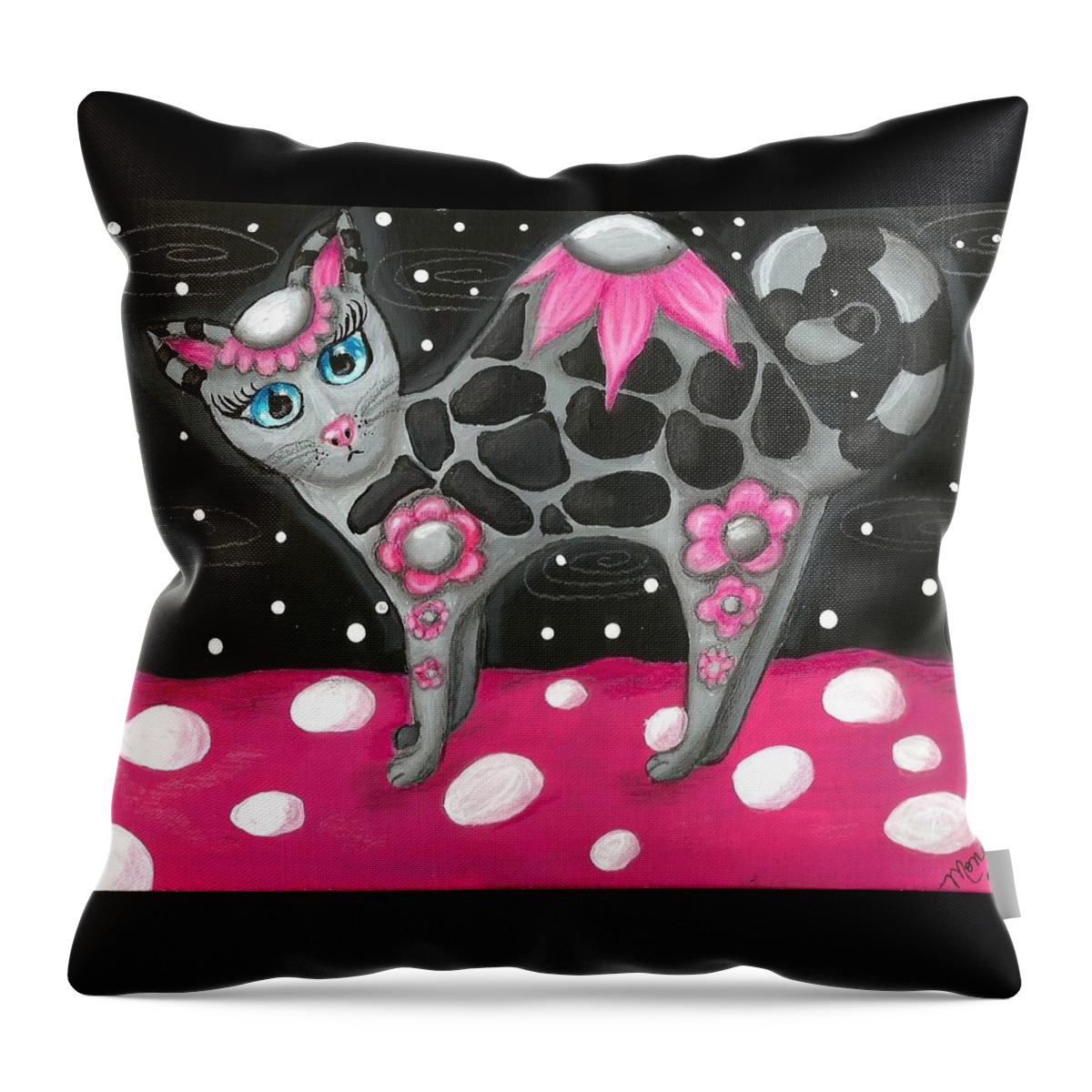 Pink Black Whimsical Kitty Cat Polka Dot Grey Blue Eyes Painting Colorful Vibrant Fun Throw Pillow featuring the painting Whimsical Black Pink Floral Kitty Cat by Monica Resinger