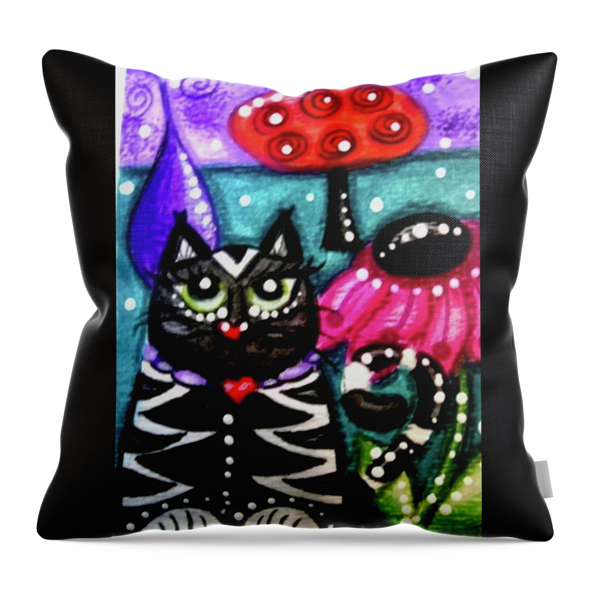 Kitty Throw Pillow featuring the painting Whimsical Black White Kitty Cat by Monica Resinger